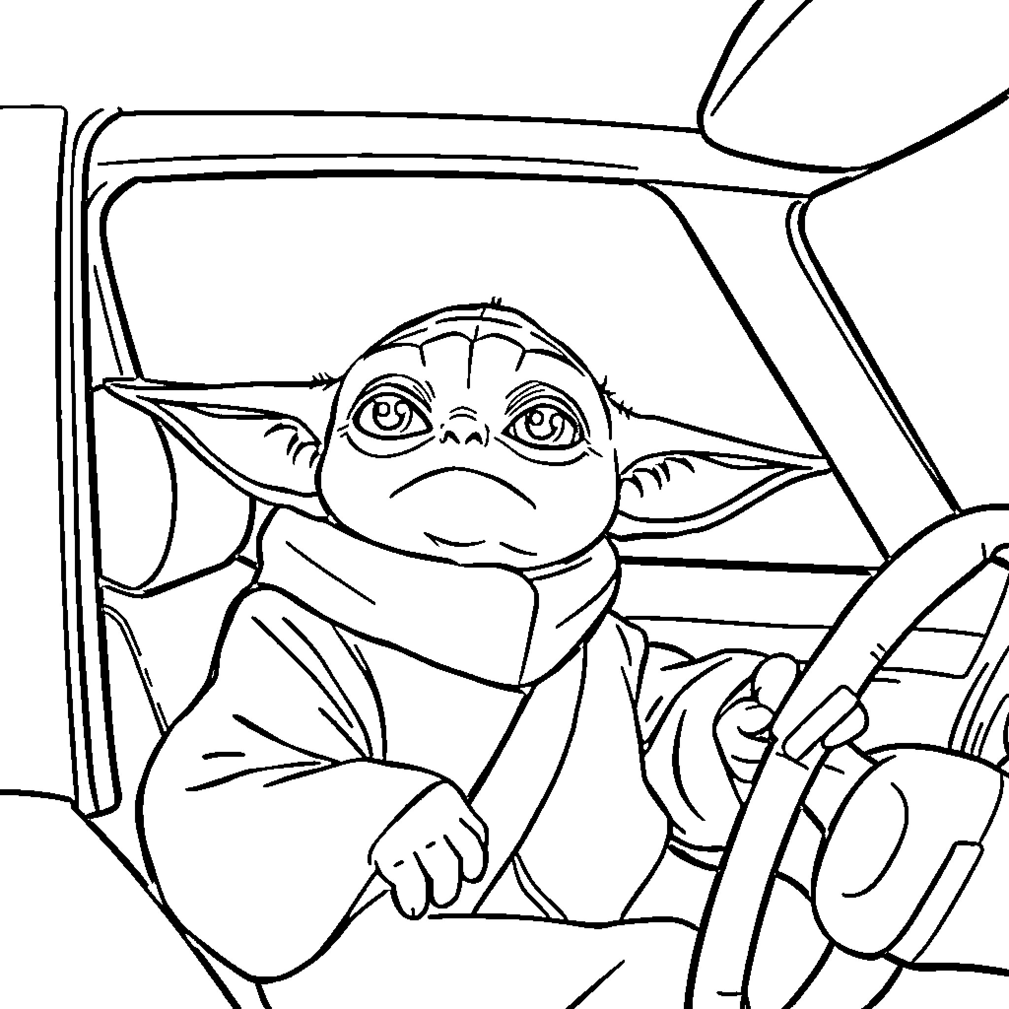 Yoda driving a car with a concerned expression Coloring Page (free black-and-white line drawing printable PDF for all, from beginners to advanced learners, including children, teens, adults, and seniors)