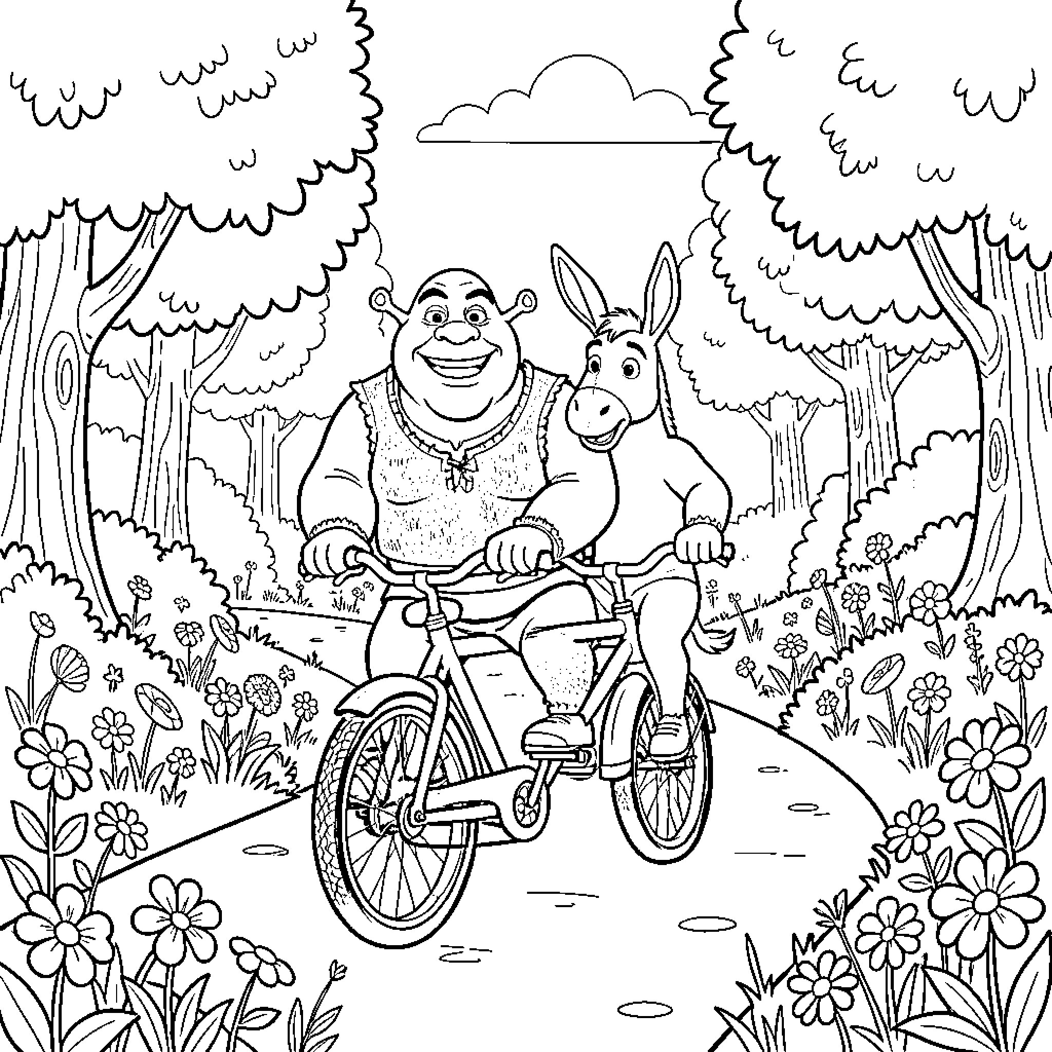 Shrek and Donkey riding a bicycle in the forest Coloring Page (free black-and-white line drawing printable PDF for all, from beginners to advanced learners, including children, teens, adults, and seniors)
