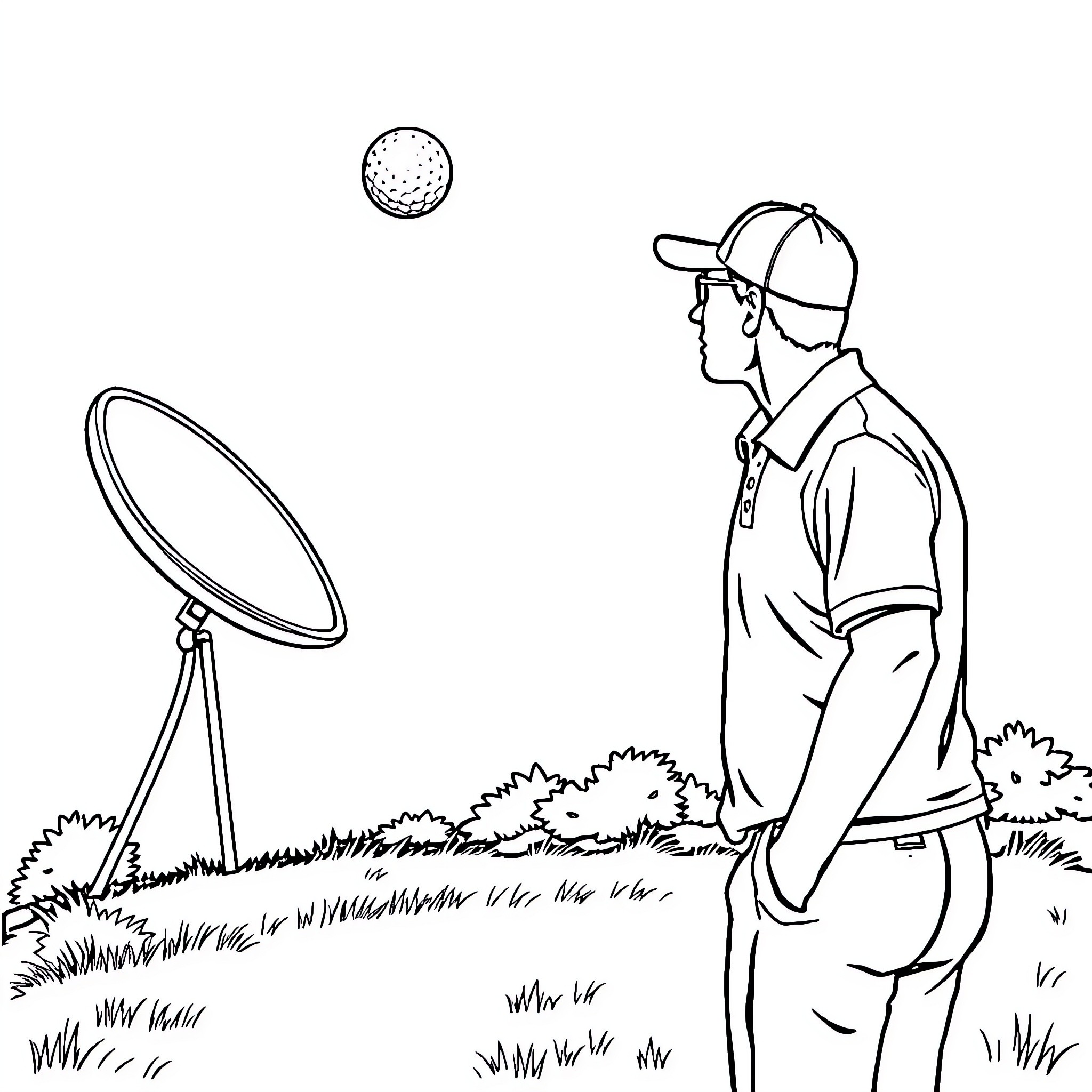 Golfer preparing to swing on golf course Coloring Page (free black-and-white line drawing printable PDF for all, from beginners to advanced learners, including children, teens, adults, and seniors)
