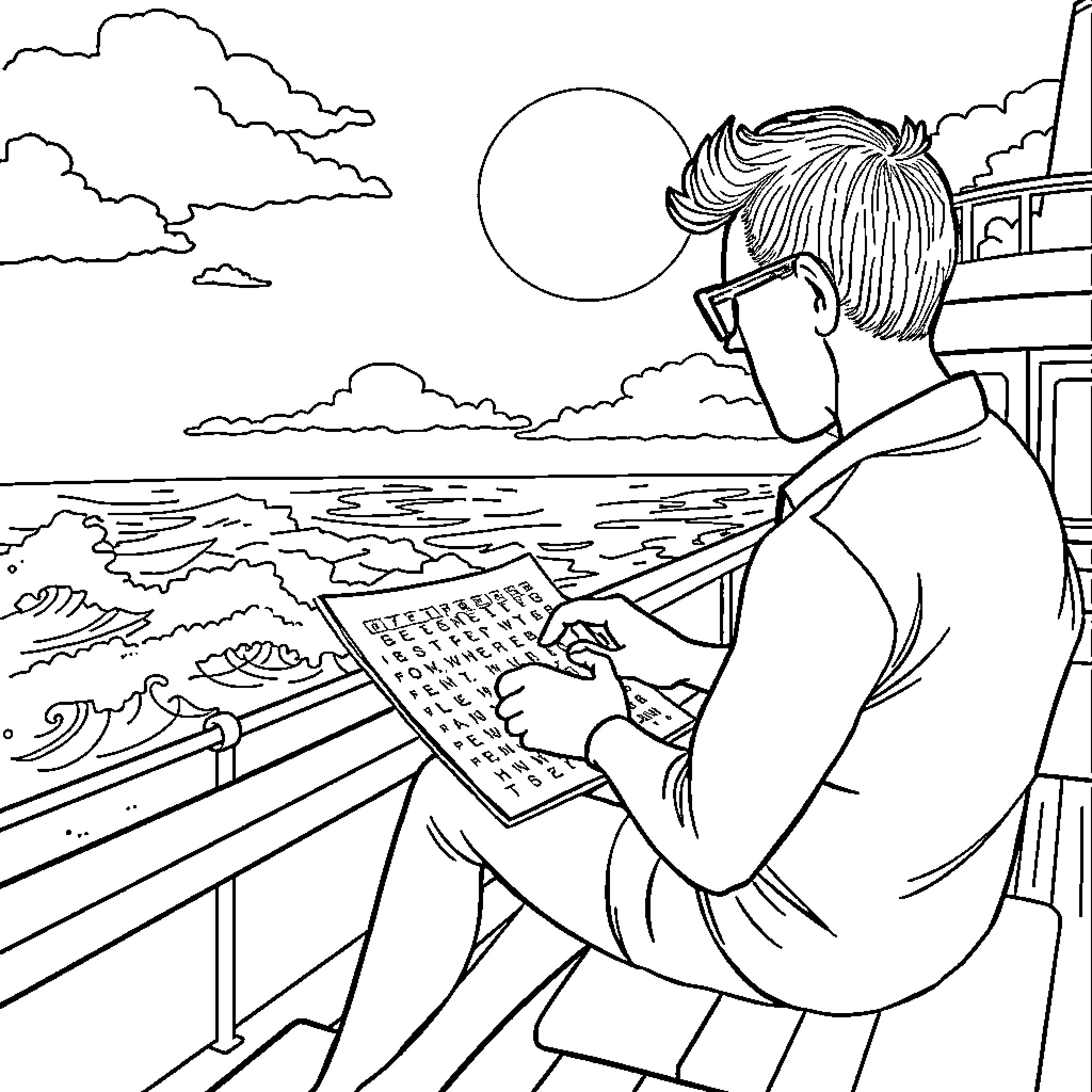 Crossword by the Seashore at Sunset Coloring Page (free black-and-white line drawing printable PDF for all, from beginners to advanced learners, including children, teens, adults, and seniors)