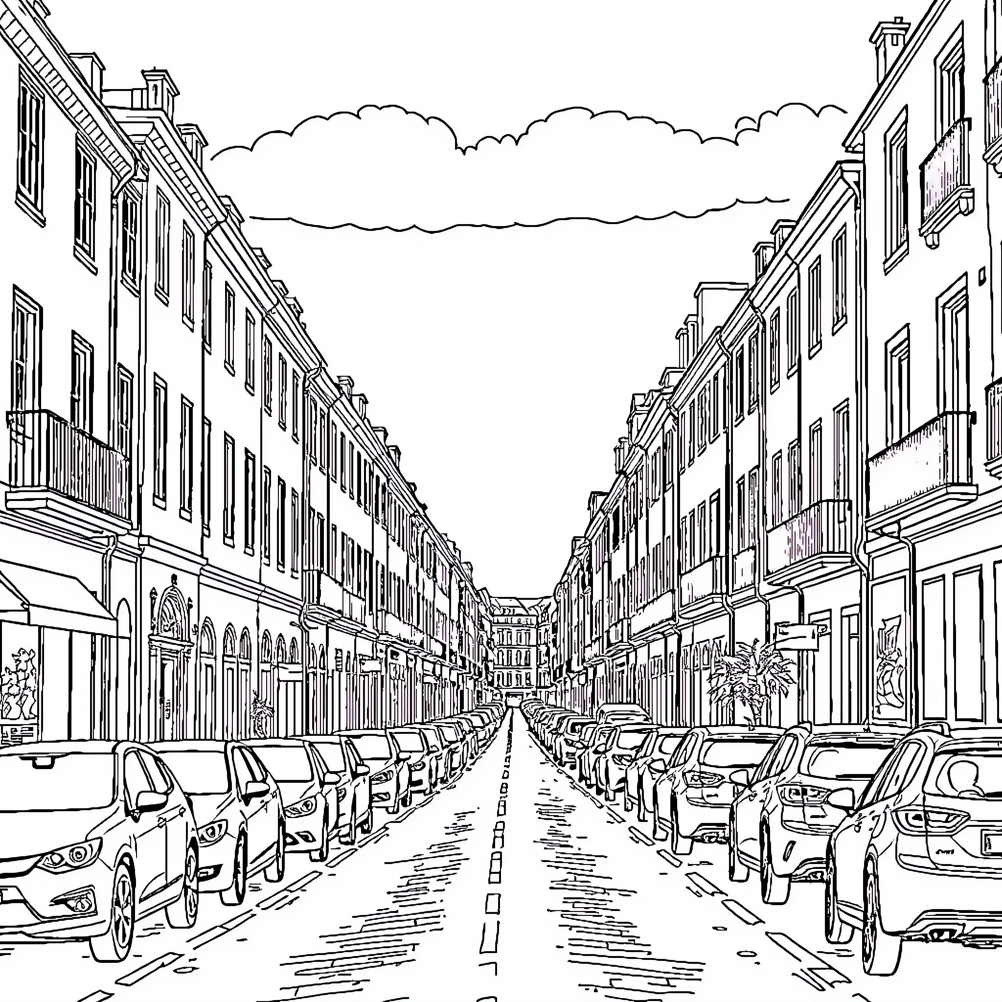 Street scene with parked cars and buildings Coloring Page (free black-and-white line drawing printable PDF for all, from beginners to advanced learners, including children, teens, adults, and seniors)