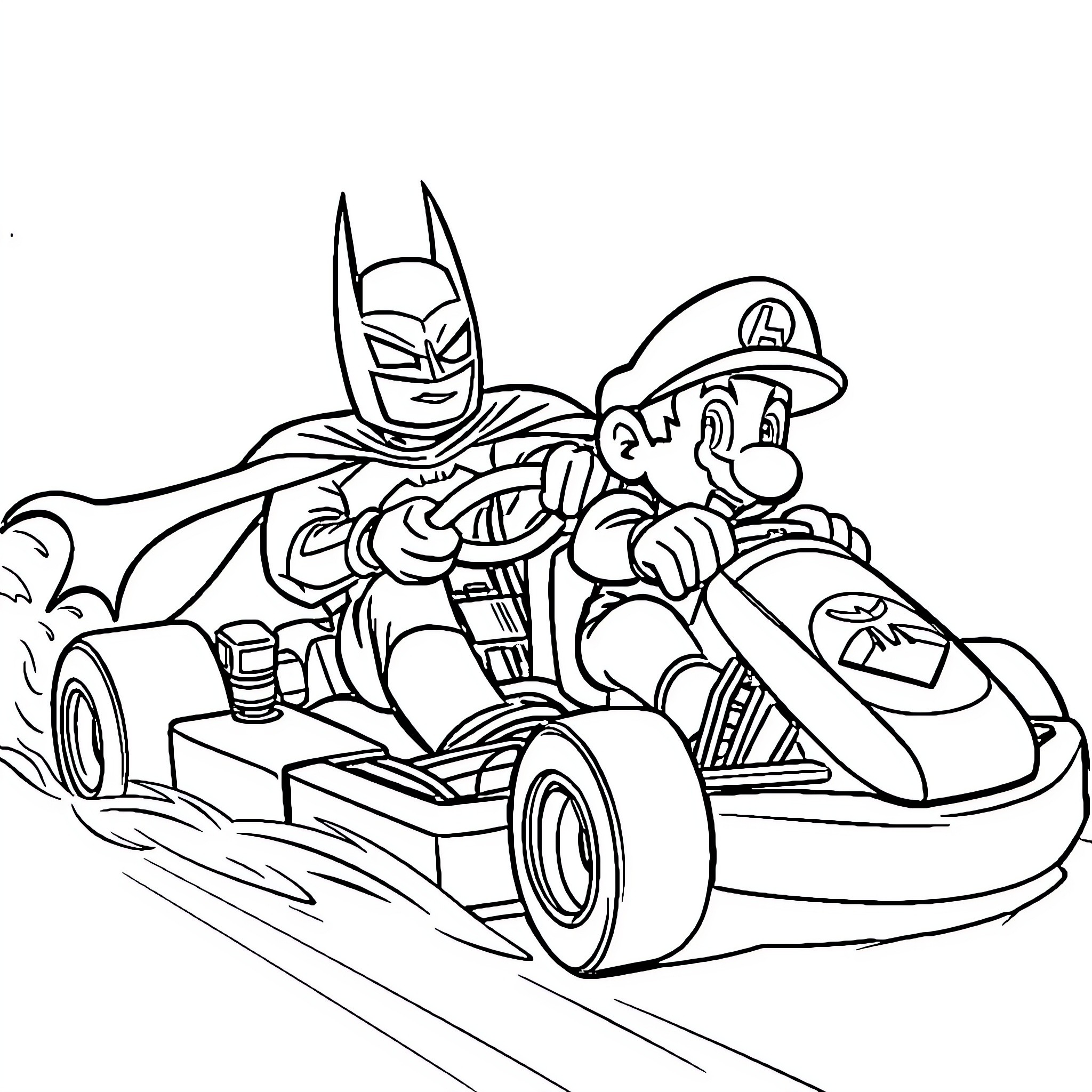 Batman and friend race a kart on the track Coloring Page (free black-and-white line drawing printable PDF for all, from beginners to advanced learners, including children, teens, adults, and seniors)