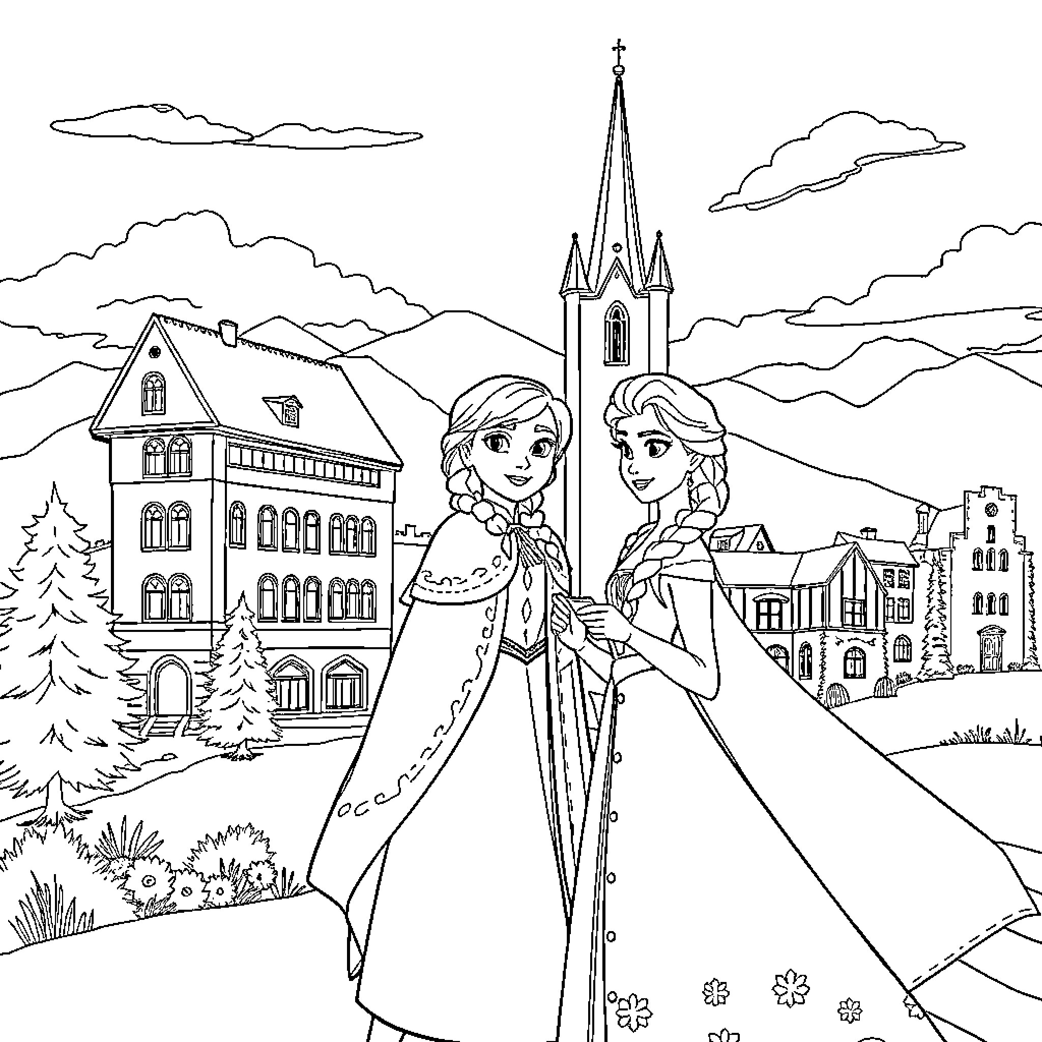 Anna and Elsa exploring a magical winter landscape Coloring Page (free black-and-white line drawing printable PDF for all, from beginners to advanced learners, including children, teens, adults, and seniors)