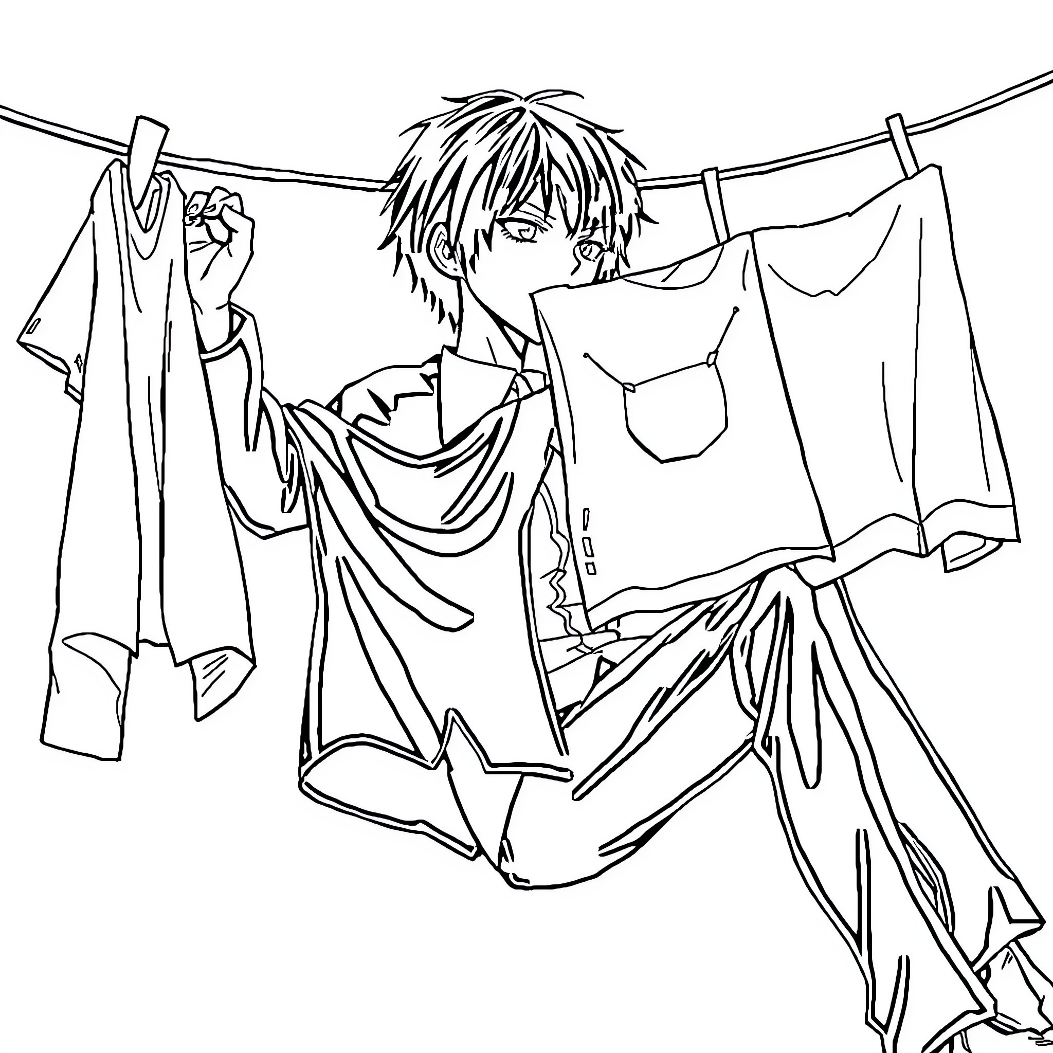 Light Yagami hanging clothes on a line Coloring Page (free black-and-white line drawing printable PDF for all, from beginners to advanced learners, including children, teens, adults, and seniors)