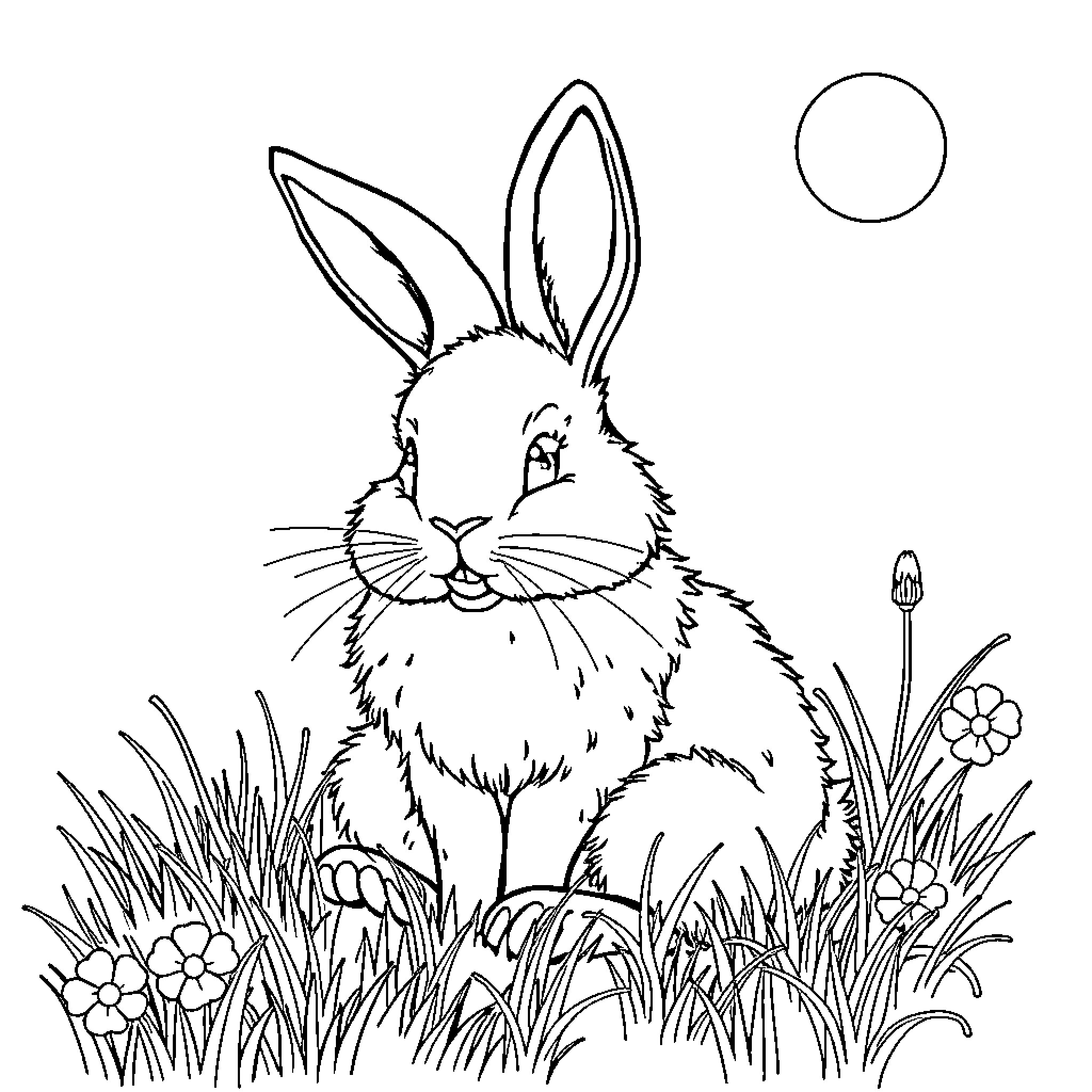 Bunny relaxing in the grass Coloring Page (free black-and-white line drawing printable PDF for all, from beginners to advanced learners, including children, teens, adults, and seniors)
