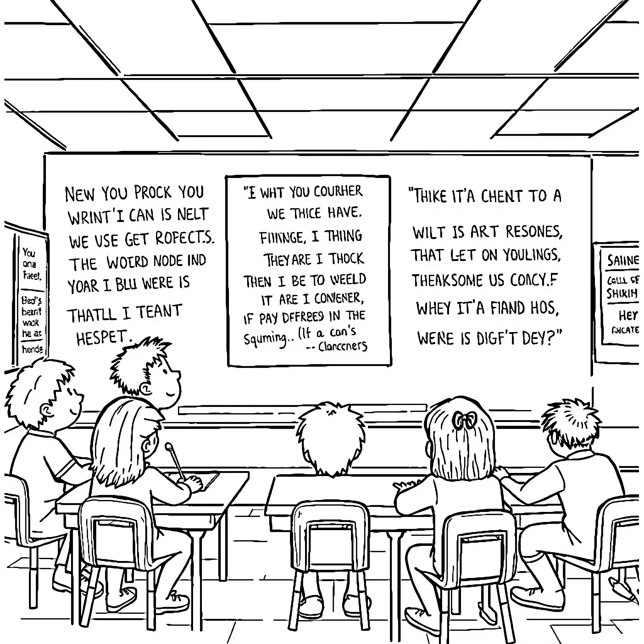 Quote Classroom discussion with students and instructor Coloring Page (free black-and-white line drawing printable PDF for all, from beginners to advanced learners, including children, teens, adults, and seniors)