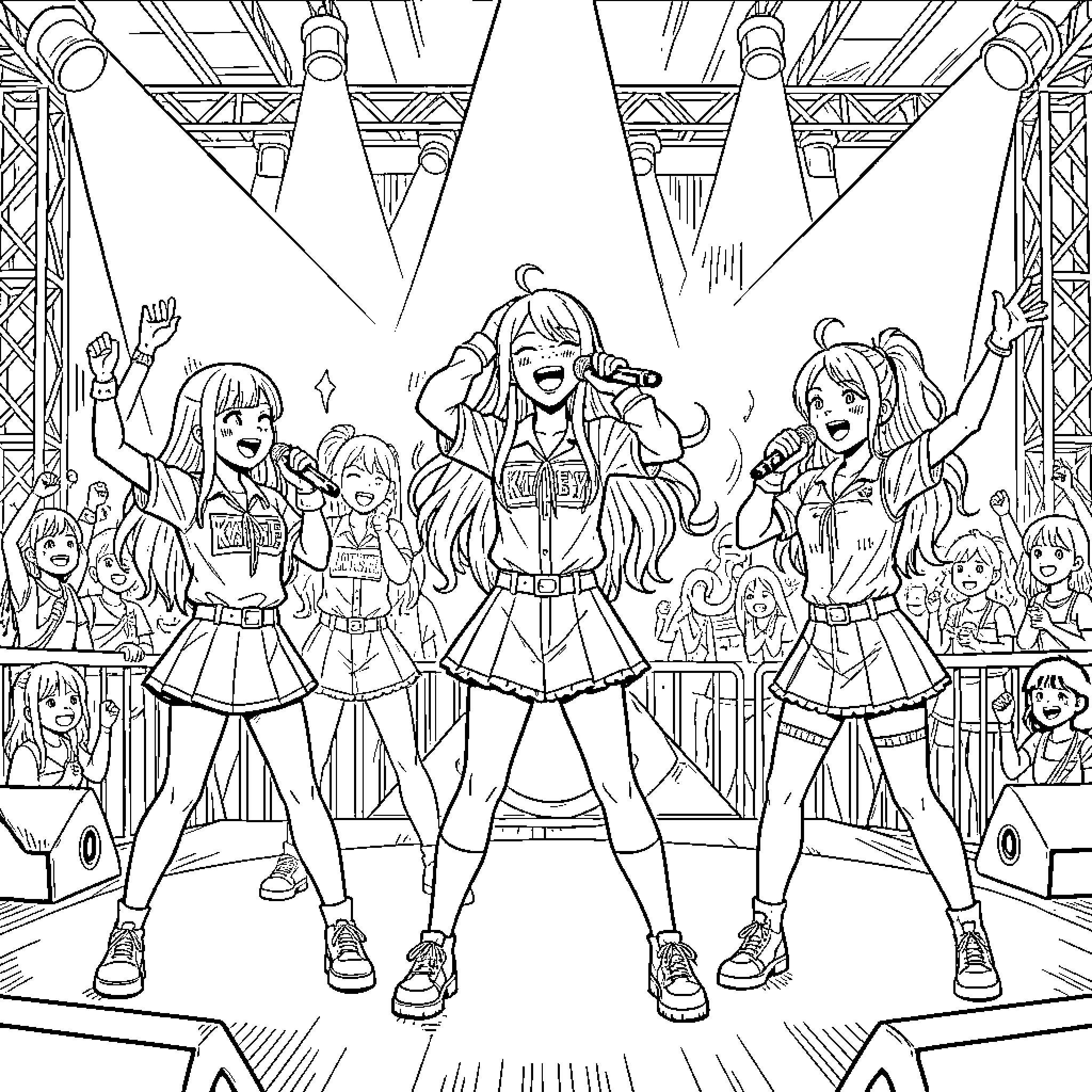 Katseye's Performing Arts Celebration Coloring Page (free black-and-white line drawing printable PDF for all, from beginners to advanced learners, including children, teens, adults, and seniors)