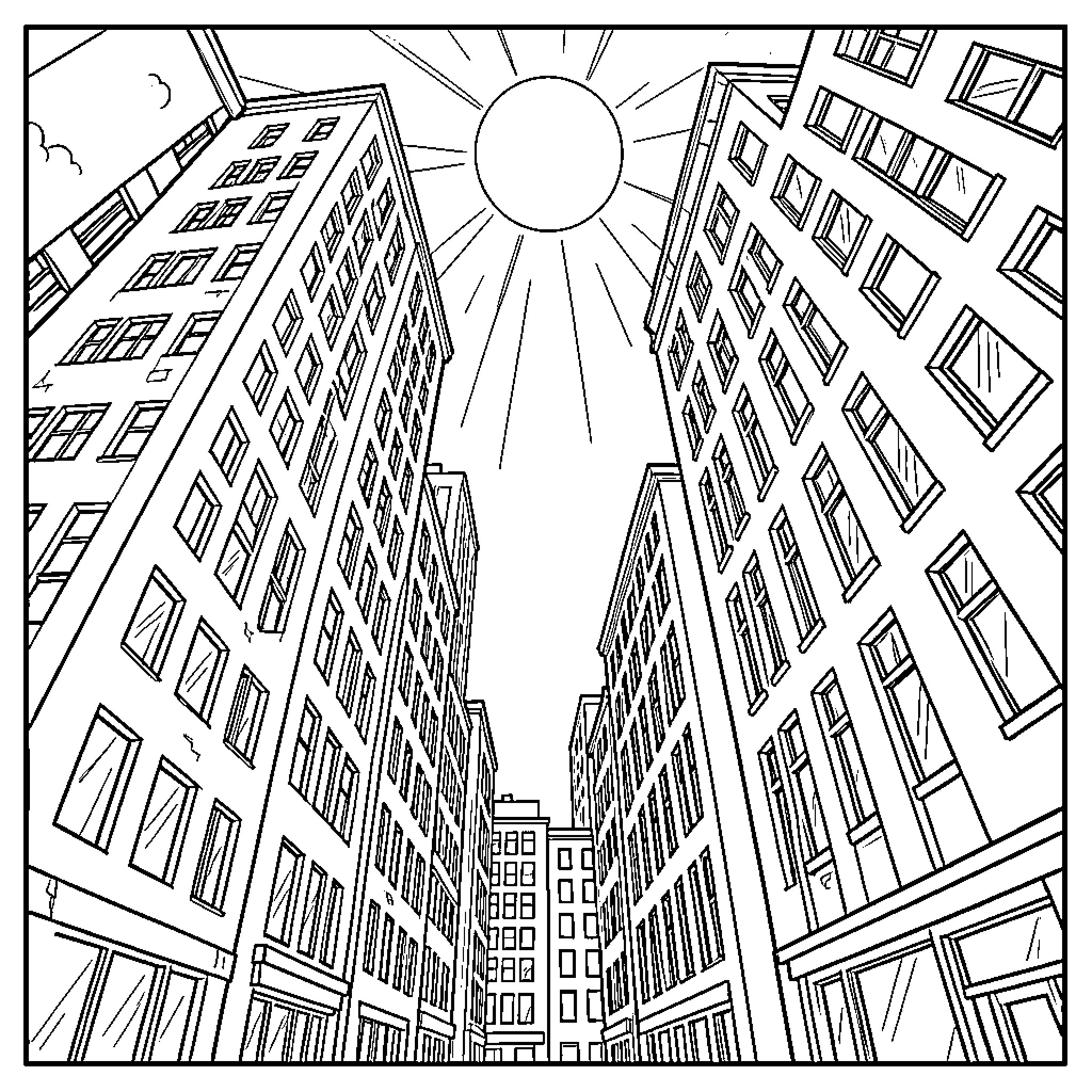 Building skyscrapers reaching towards a bright sun Coloring Page (free black-and-white line drawing printable PDF for all, from beginners to advanced learners, including children, teens, adults, and seniors)