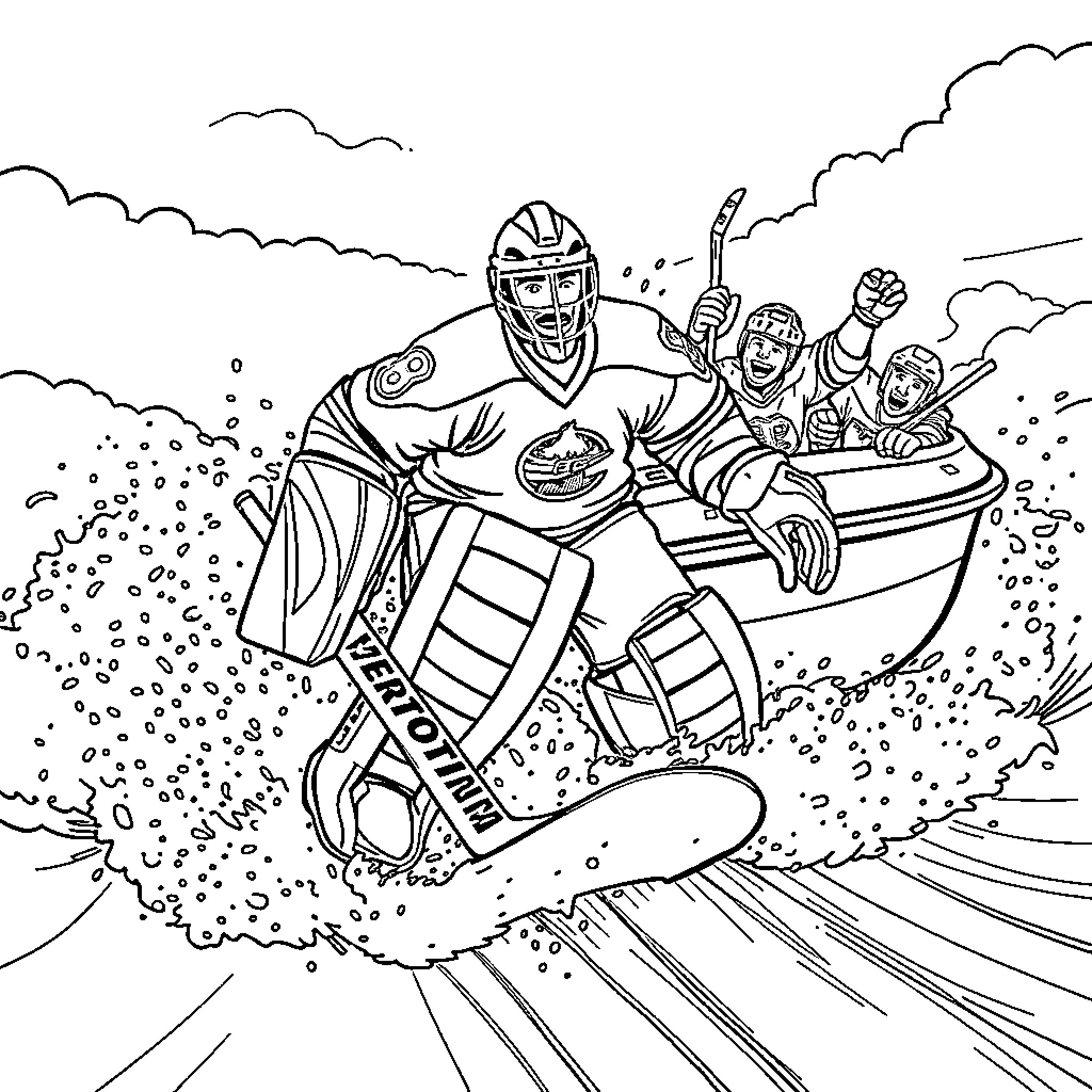 Hockey Goalie in action with teammates Coloring Page (free black-and-white line drawing printable PDF for all, from beginners to advanced learners, including children, teens, adults, and seniors)