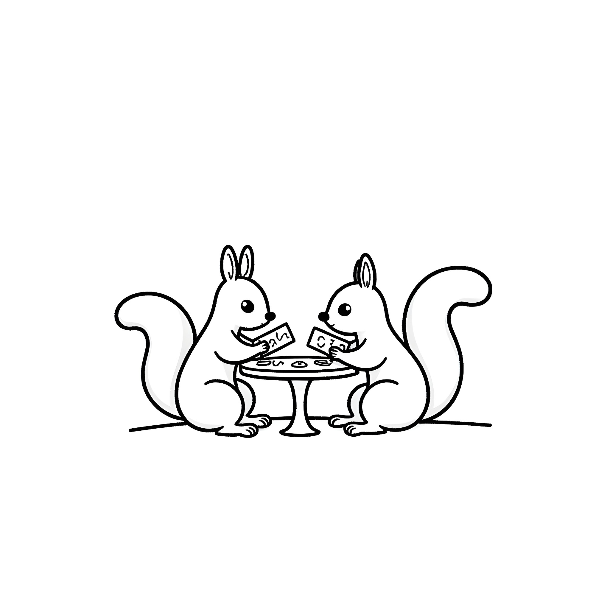 Squirrels sharing a tasty meal together Coloring Page (free black-and-white line drawing printable PDF for all, from beginners to advanced learners, including children, teens, adults, and seniors)