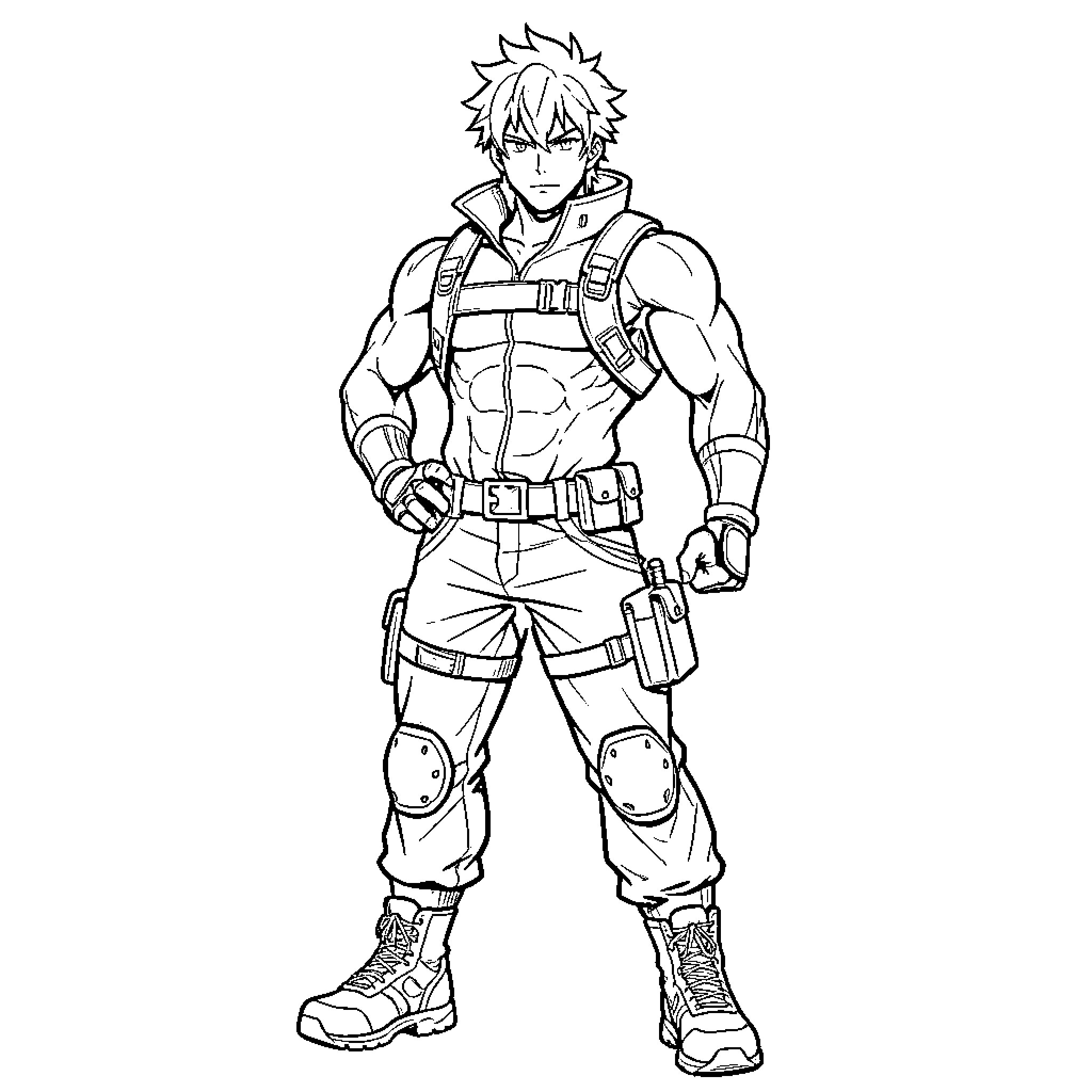 Jinwoo's Heroic Attire and Determined Stance Coloring Page (free black-and-white line drawing printable PDF for all, from beginners to advanced learners, including children, teens, adults, and seniors)