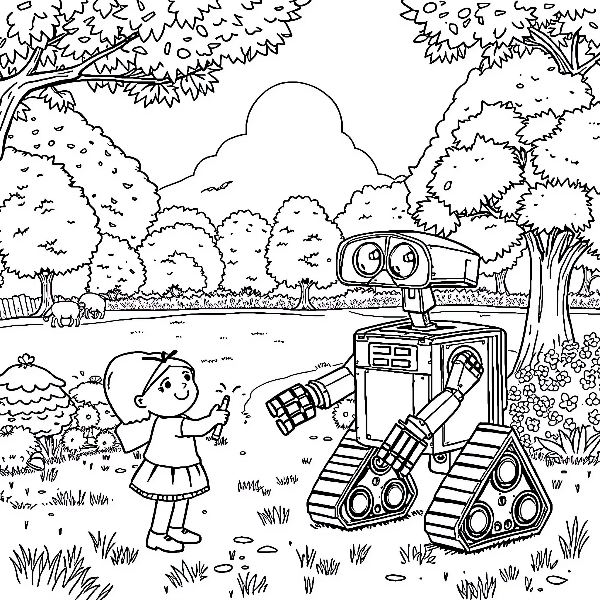 Walle exploring the lush forest with a young friend Coloring Page (free black-and-white line drawing printable PDF for all, from beginners to advanced learners, including children, teens, adults, and seniors)