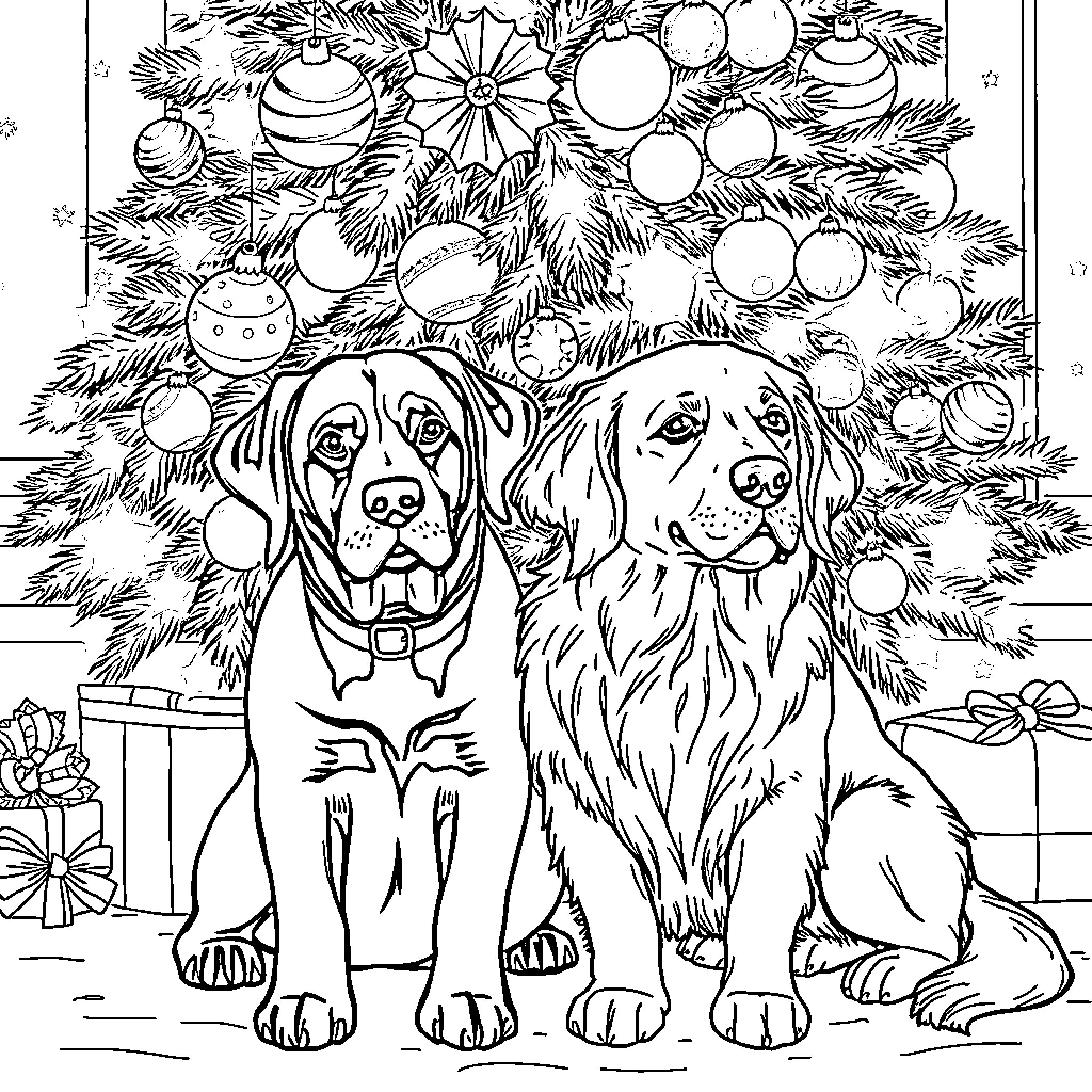 Dog companions in a festive winter scene Coloring Page (free black-and-white line drawing printable PDF for all, from beginners to advanced learners, including children, teens, adults, and seniors)