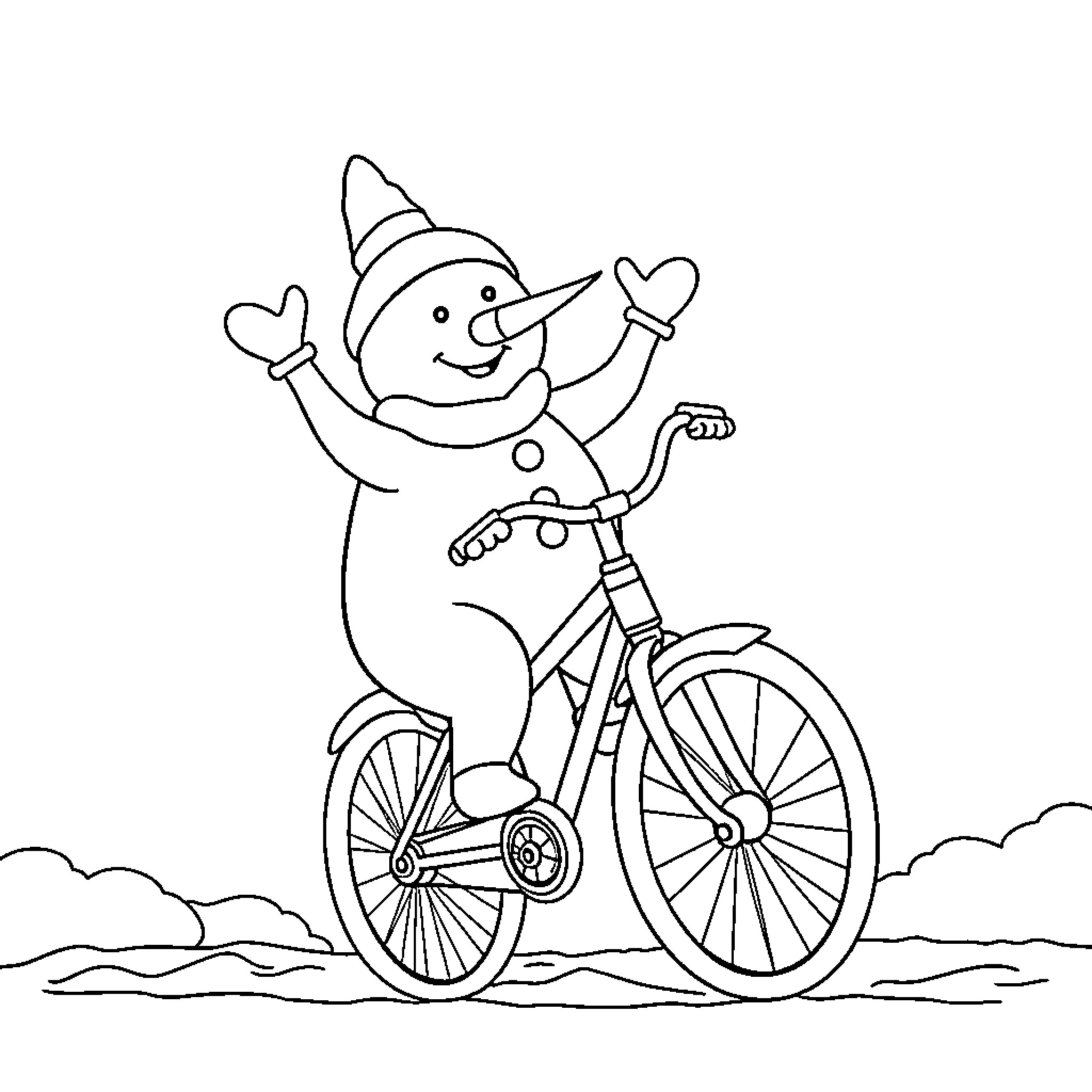 Snowman riding a bicycle cheerfully Coloring Page (free black-and-white line drawing printable PDF for all, from beginners to advanced learners, including children, teens, adults, and seniors)