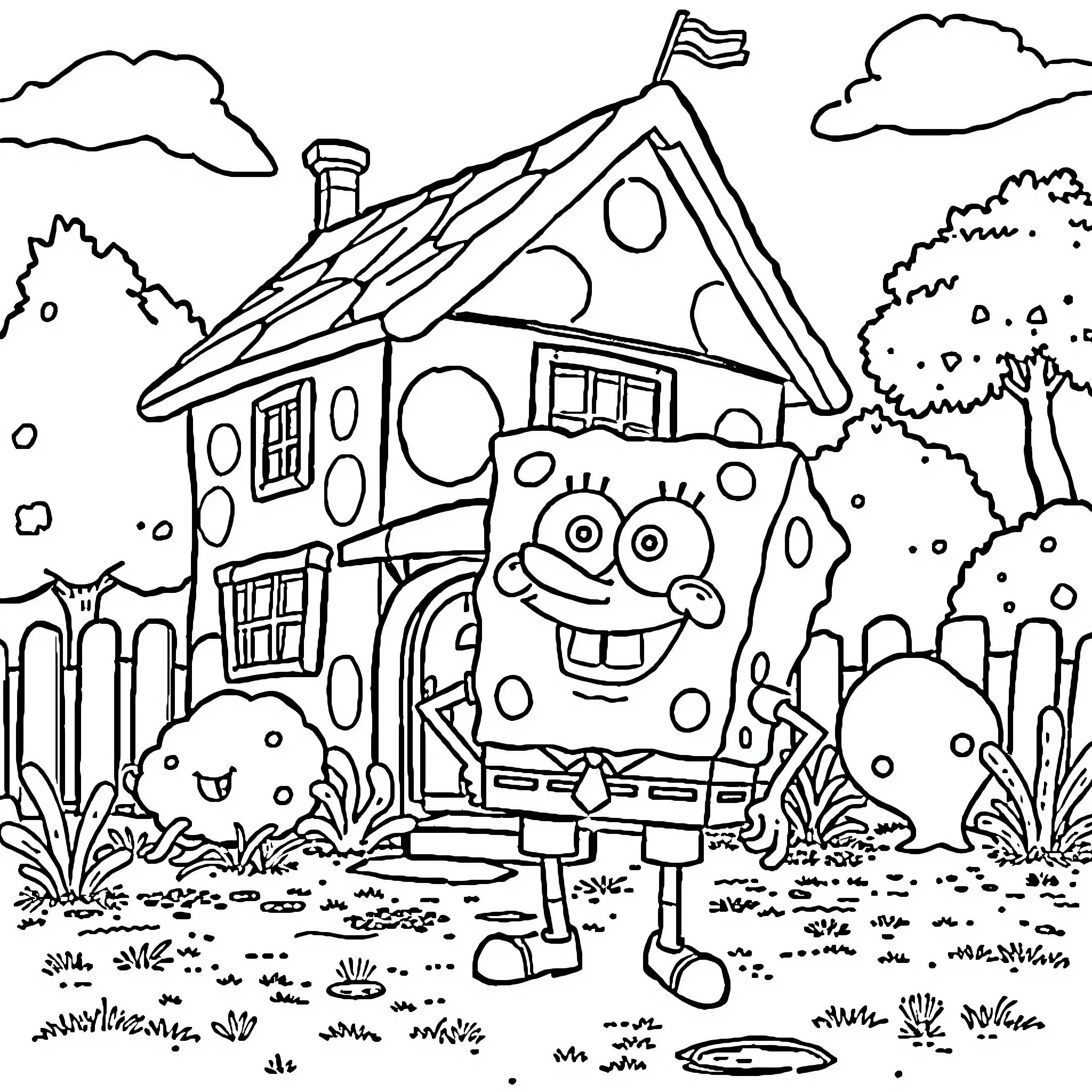 Spongebob's Colorful Cartoon Adventure Coloring Page (free black-and-white line drawing printable PDF for all, from beginners to advanced learners, including children, teens, adults, and seniors)