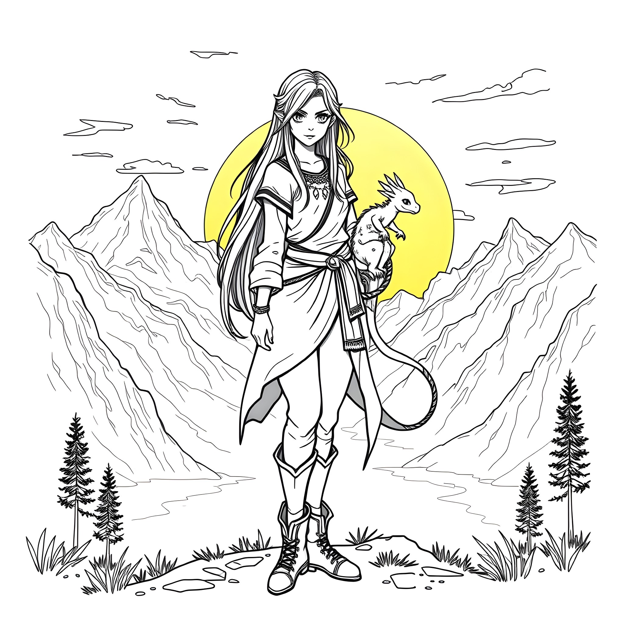 Girl adventurer exploring the mountain landscape with her pet lizard Coloring Page (free black-and-white line drawing printable PDF for all, from beginners to advanced learners, including children, teens, adults, and seniors)