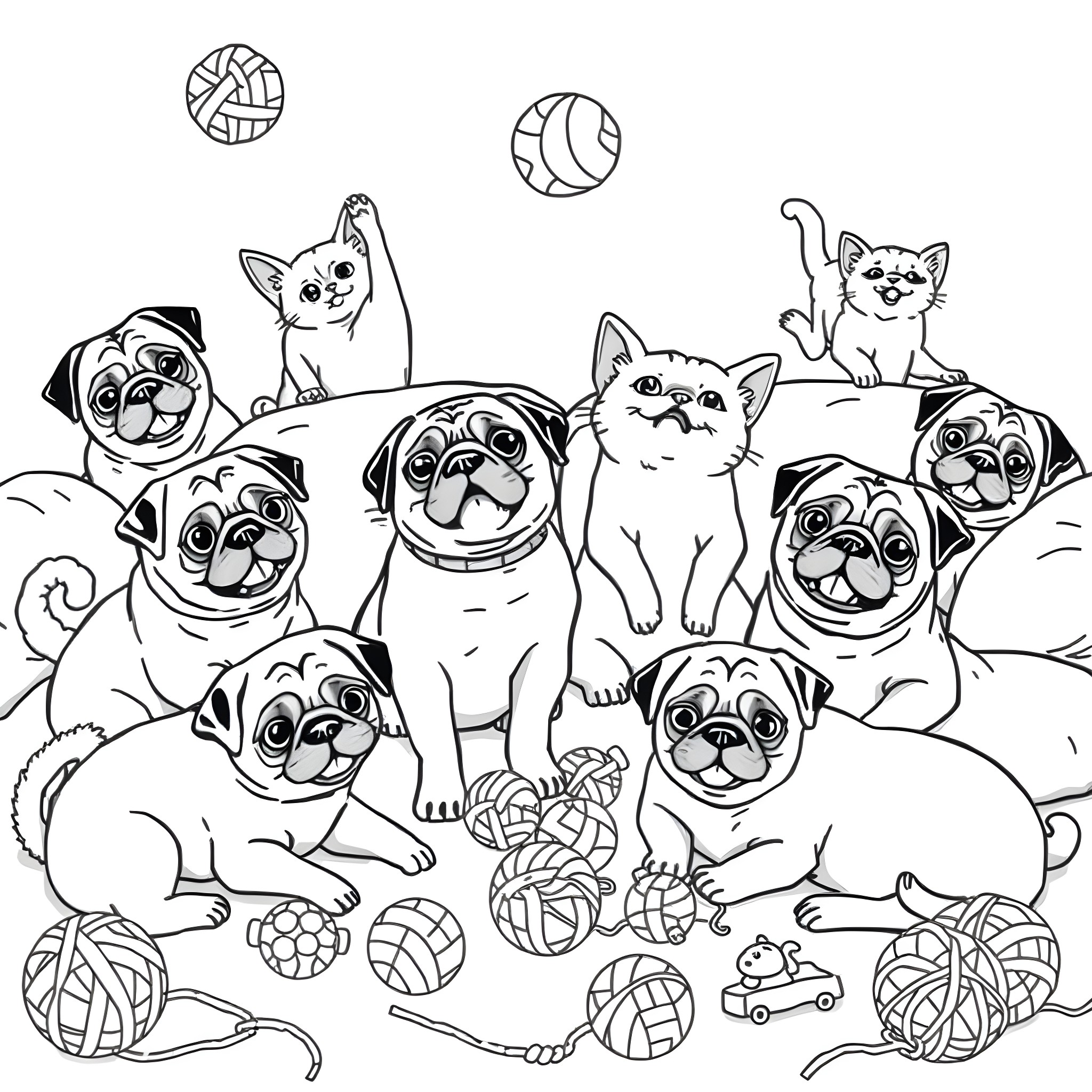 Cats and Puppies Playing with Toys Coloring Page (free black-and-white line drawing printable PDF for all, from beginners to advanced learners, including children, teens, adults, and seniors)