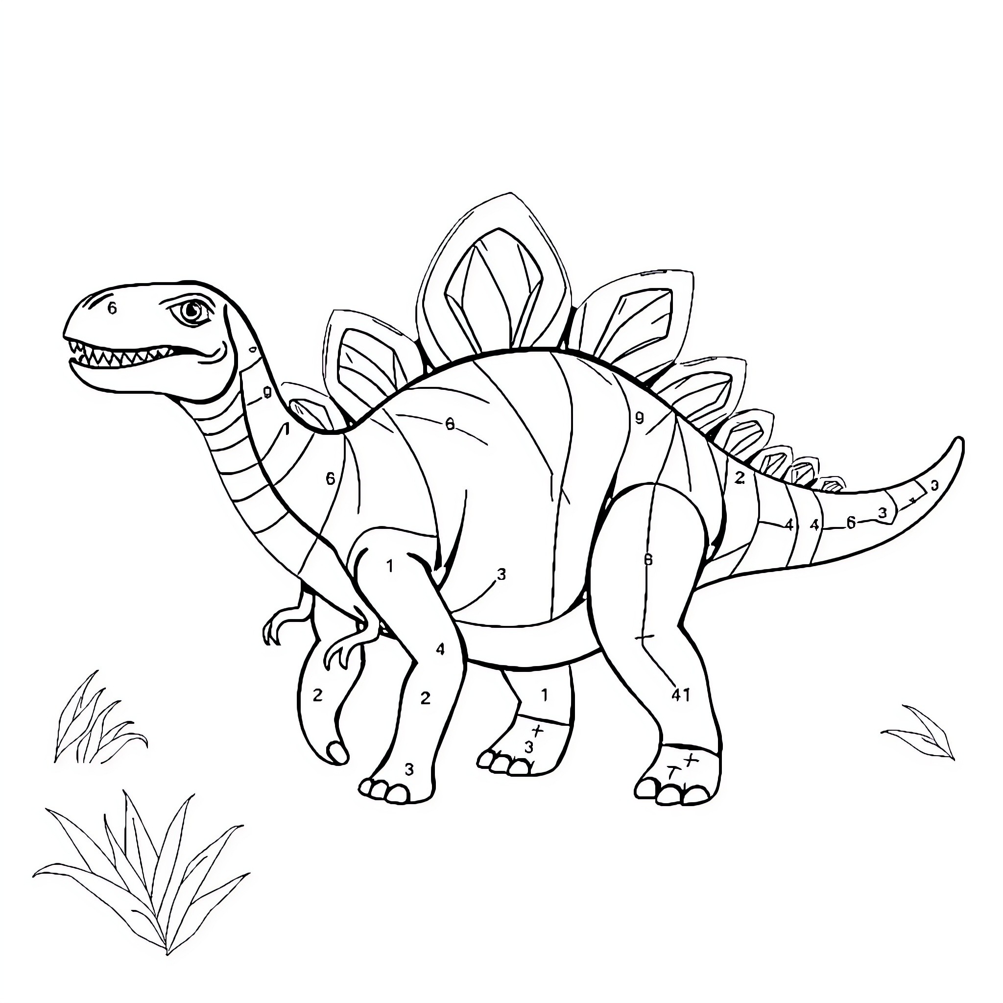 Stegosaurus exploring the prehistoric landscape Coloring Page (free black-and-white line drawing printable PDF for all, from beginners to advanced learners, including children, teens, adults, and seniors)