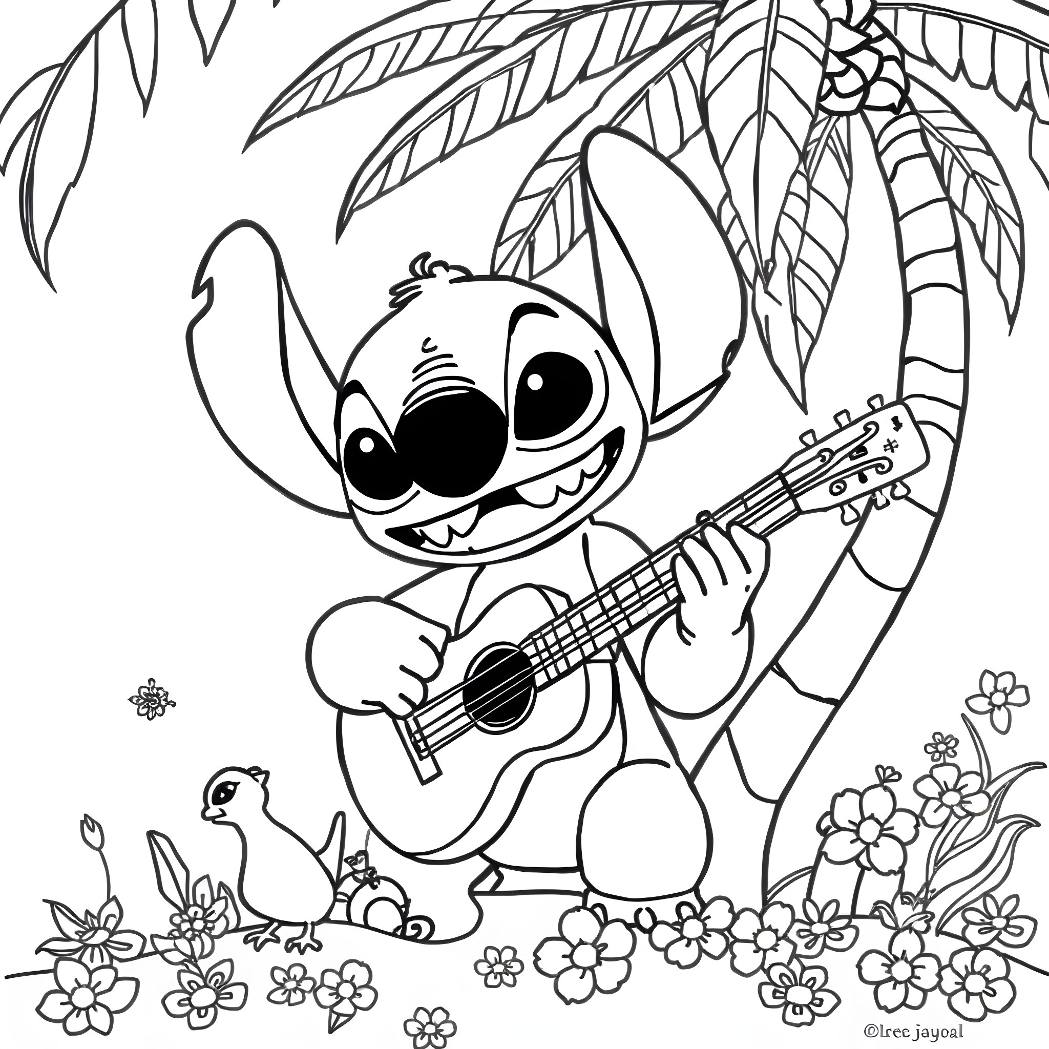 Stitch playing guitar in the jungle Coloring Page (free black-and-white line drawing printable PDF for all, from beginners to advanced learners, including children, teens, adults, and seniors)