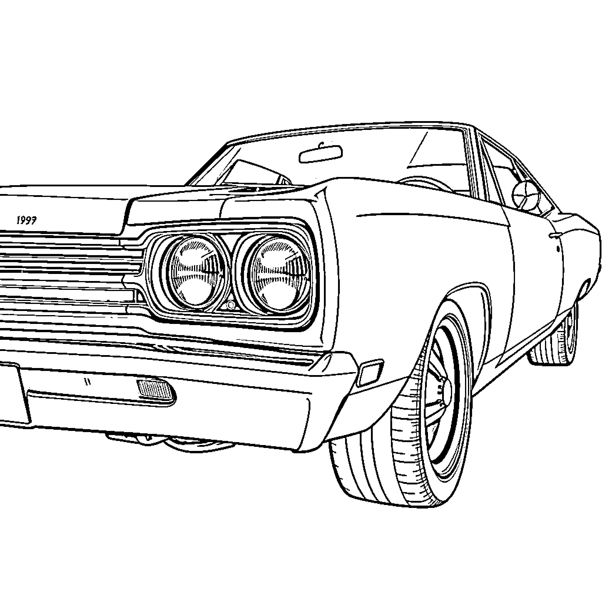 Road Runner Vintage Muscle Car Coloring Page (free black-and-white line drawing printable PDF for all, from beginners to advanced learners, including children, teens, adults, and seniors)
