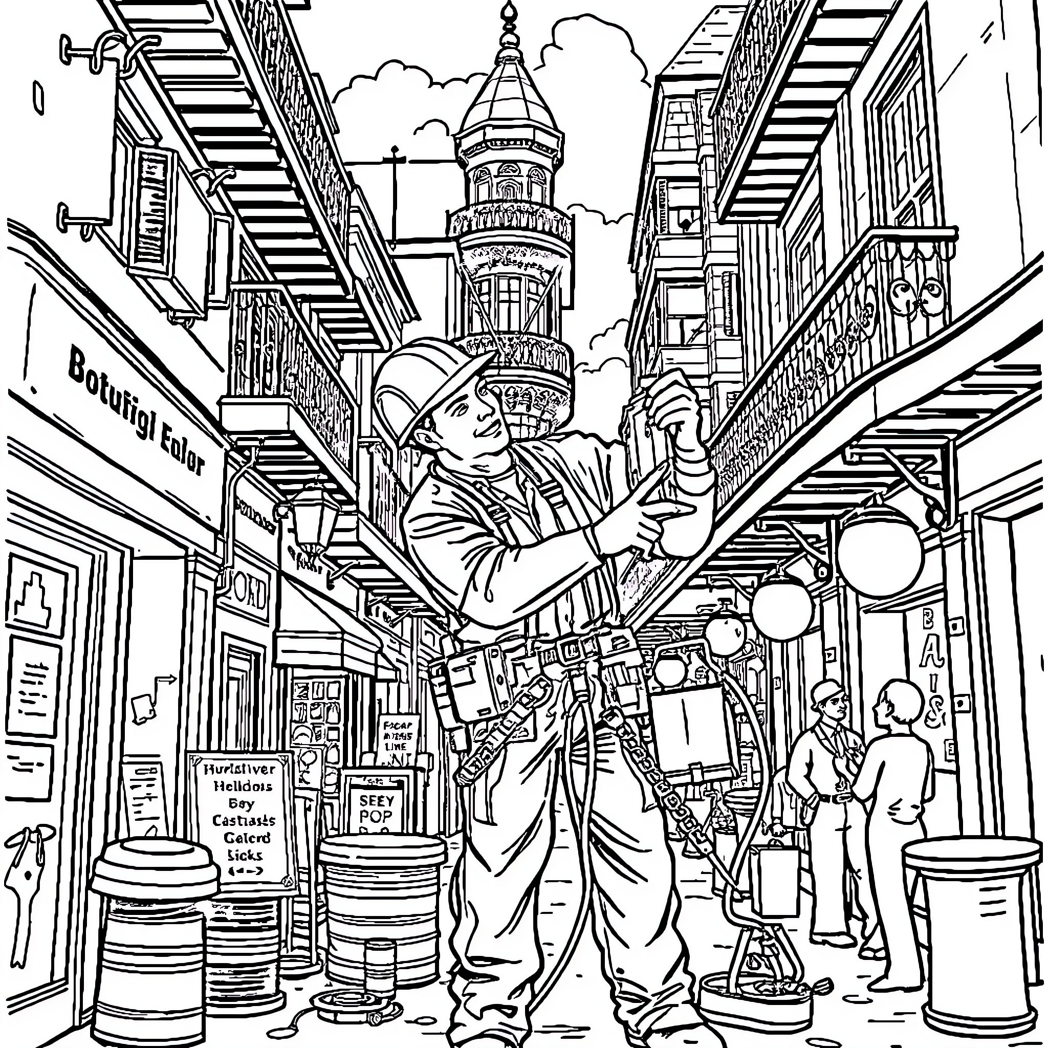 Electrician working on power lines in a bustling city Coloring Page (free black-and-white line drawing printable PDF for all, from beginners to advanced learners, including children, teens, adults, and seniors)