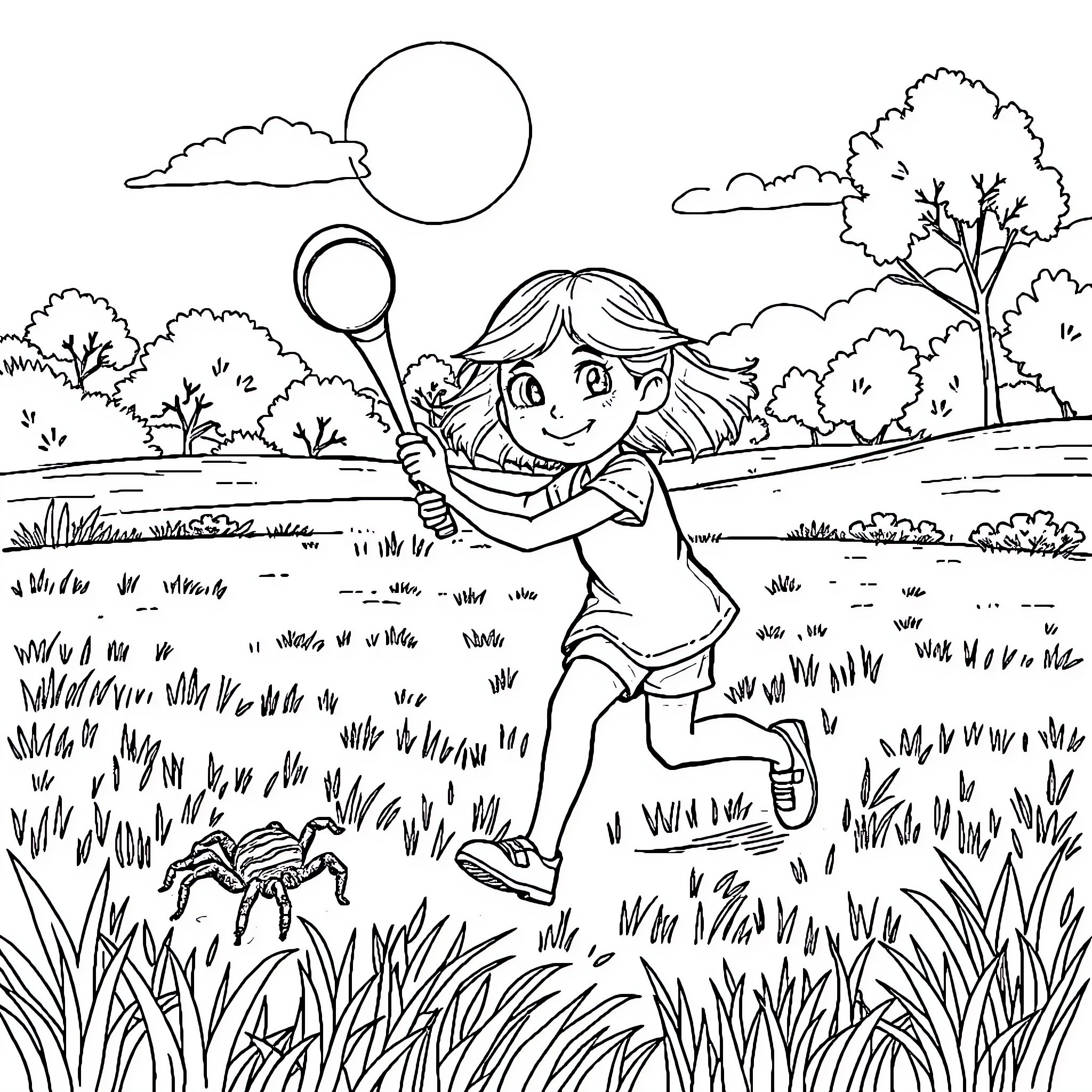 Girl chasing and exploring nature with magnifying glass Coloring Page (free black-and-white line drawing printable PDF for all, from beginners to advanced learners, including children, teens, adults, and seniors)