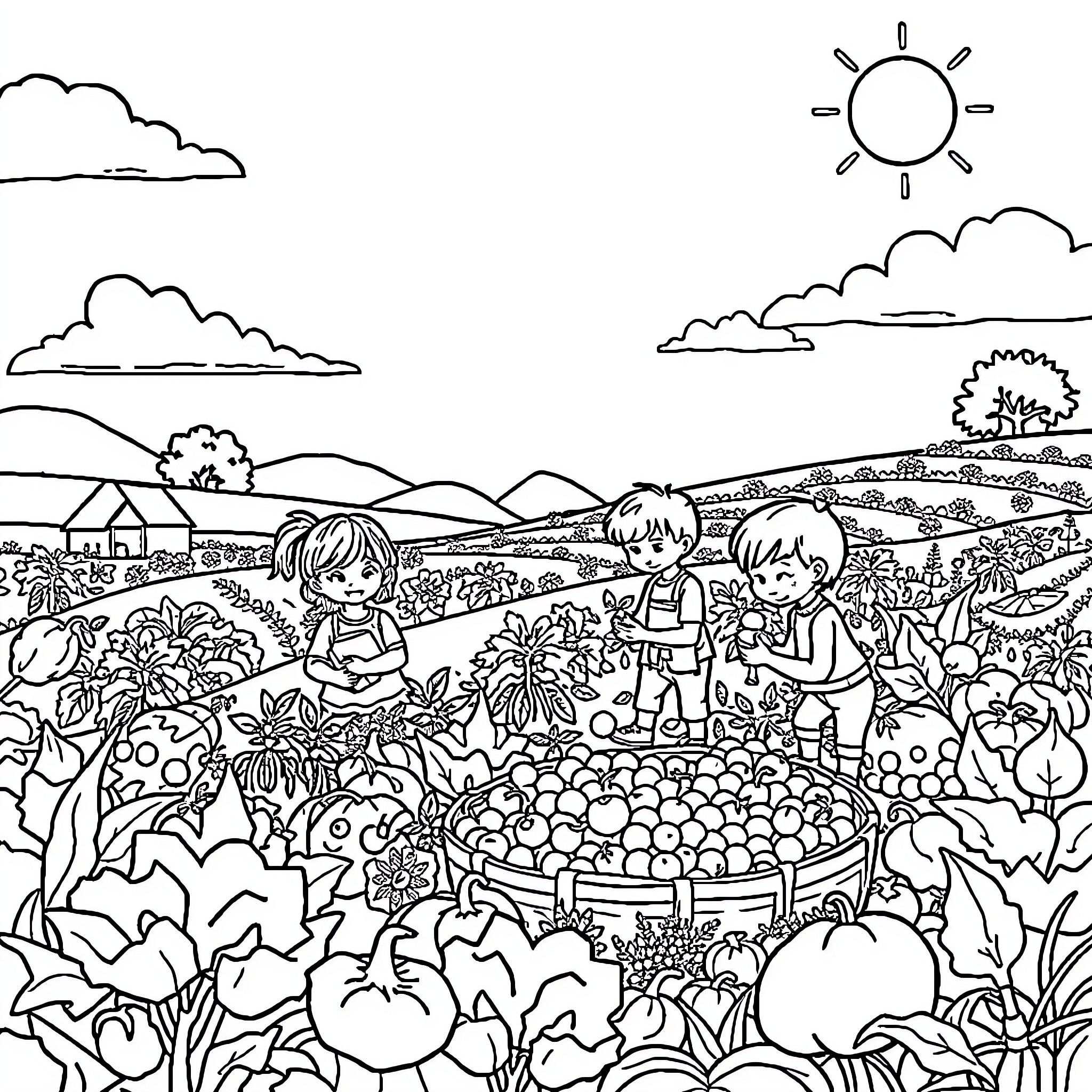 Harvest time in the countryside Coloring Page (free black-and-white line drawing printable PDF for all, from beginners to advanced learners, including children, teens, adults, and seniors)