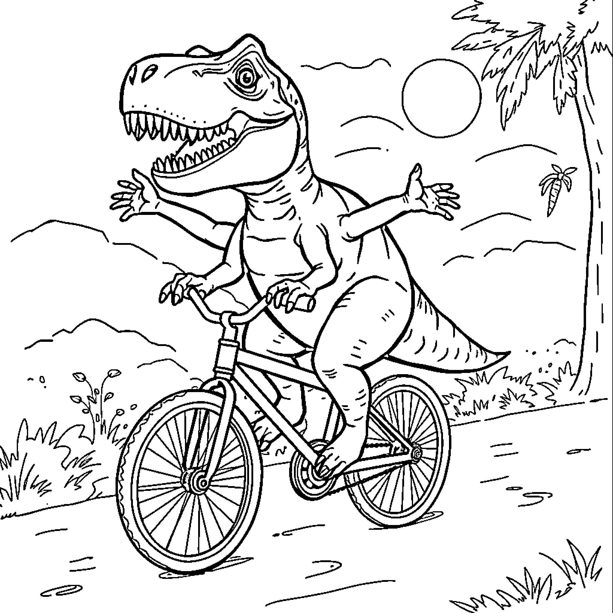 T-Rex riding a bicycle in a tropical scene Coloring Page (free black-and-white line drawing printable PDF for all, from beginners to advanced learners, including children, teens, adults, and seniors)