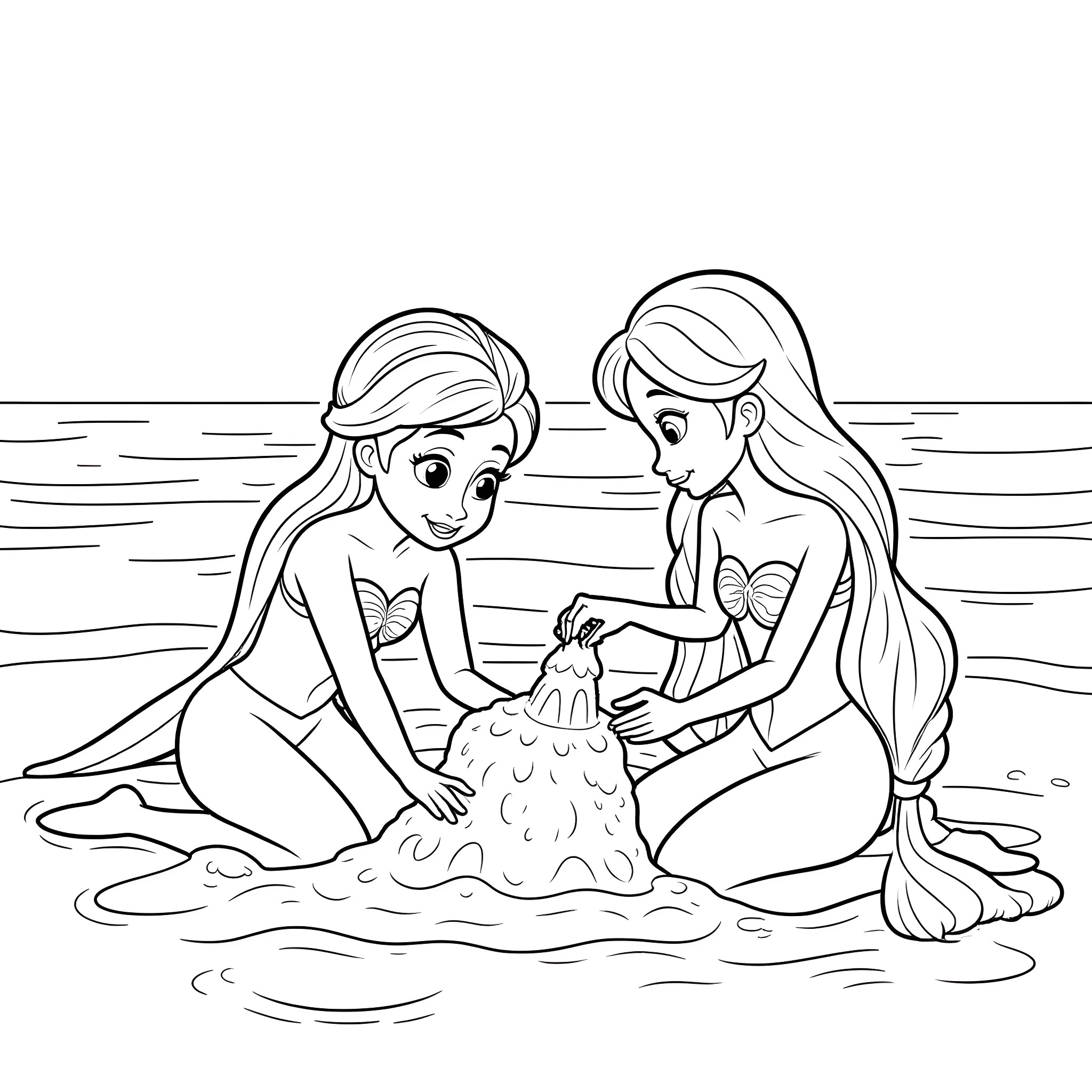 Elsa and Anna playing together in the water Coloring Page (free black-and-white line drawing printable PDF for all, from beginners to advanced learners, including children, teens, adults, and seniors)