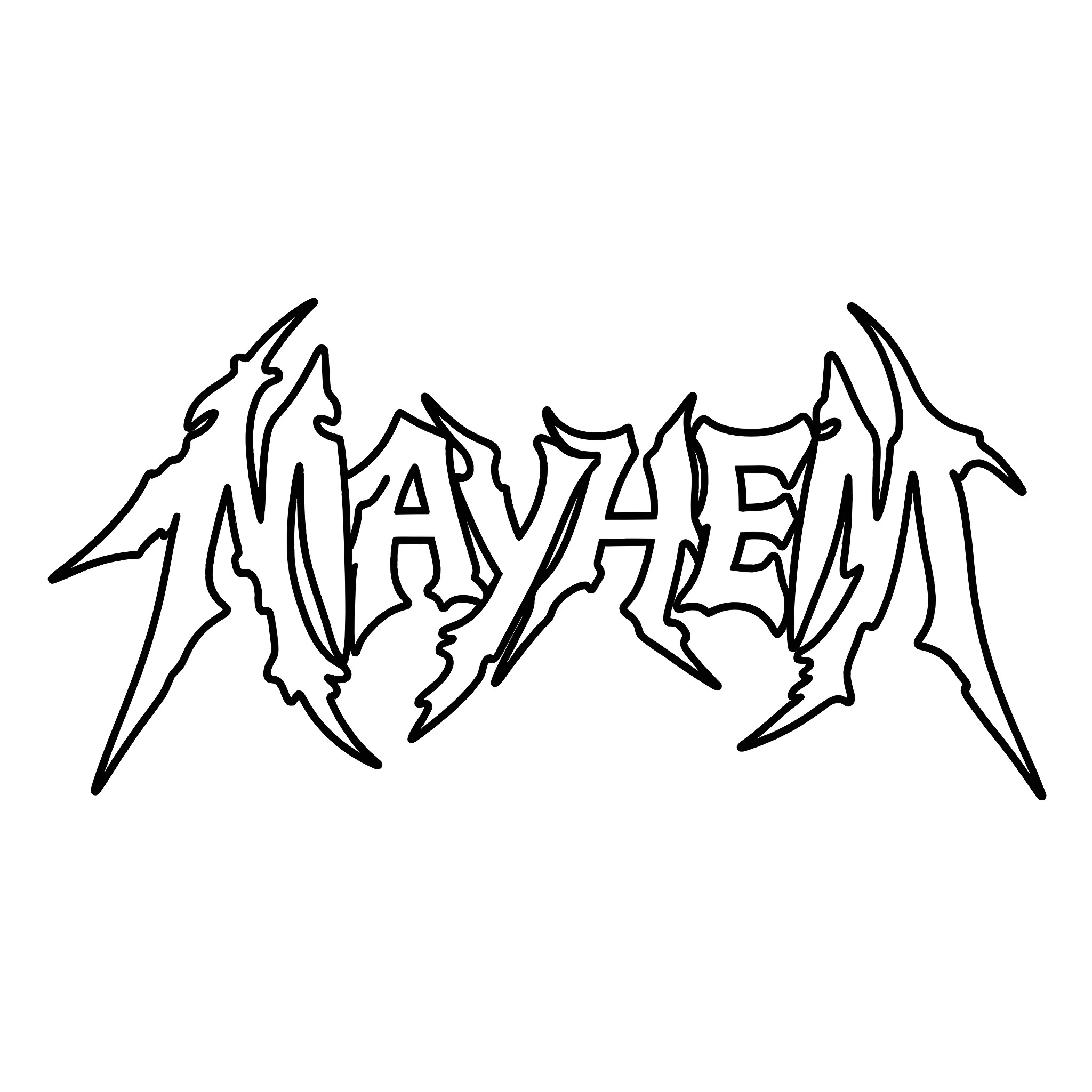 Mayhem in bold metal font Coloring Page (free black-and-white line drawing printable PDF for all, from beginners to advanced learners, including children, teens, adults, and seniors)