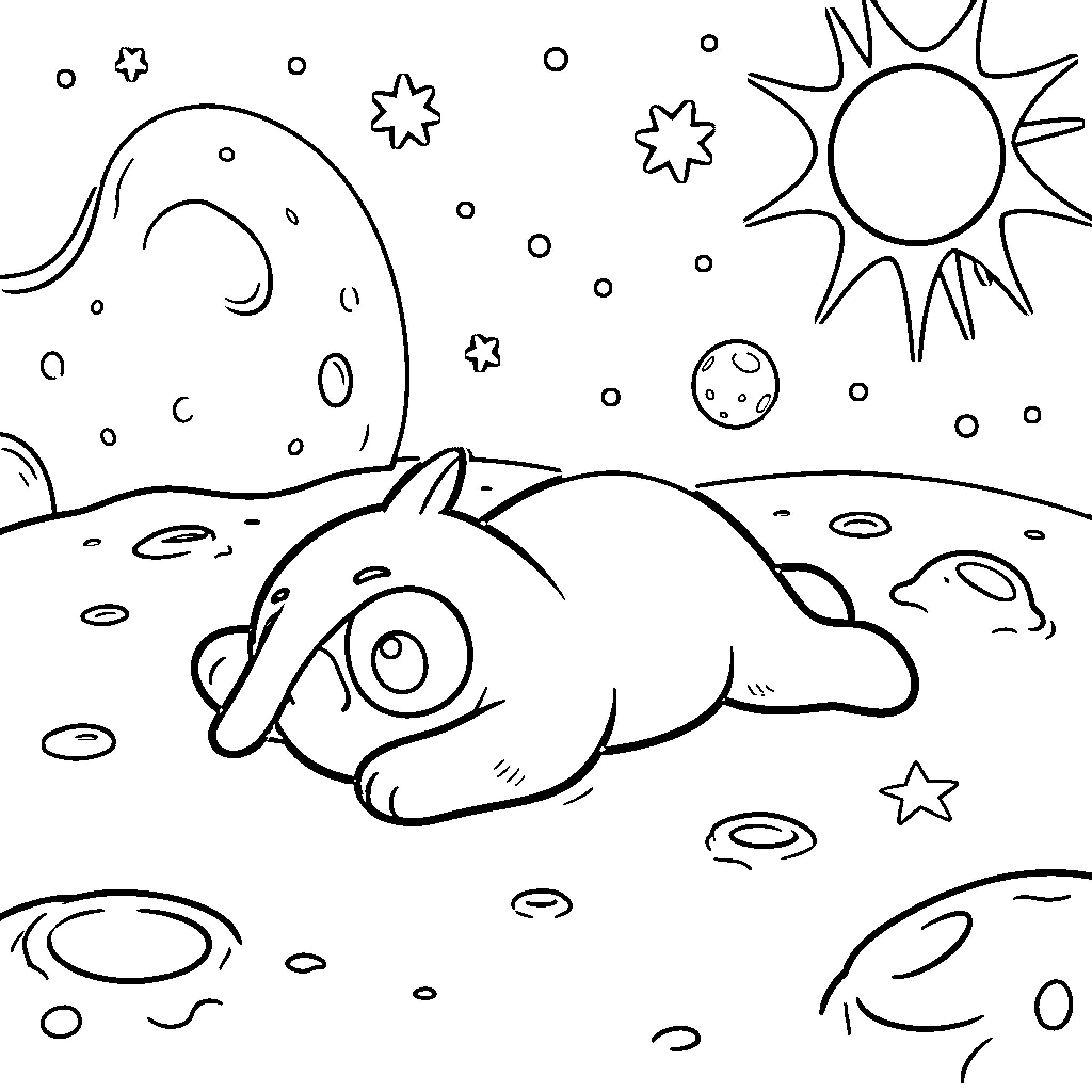Bluey lying down on a cratered moon surface Coloring Page (free black-and-white line drawing printable PDF for all, from beginners to advanced learners, including children, teens, adults, and seniors)