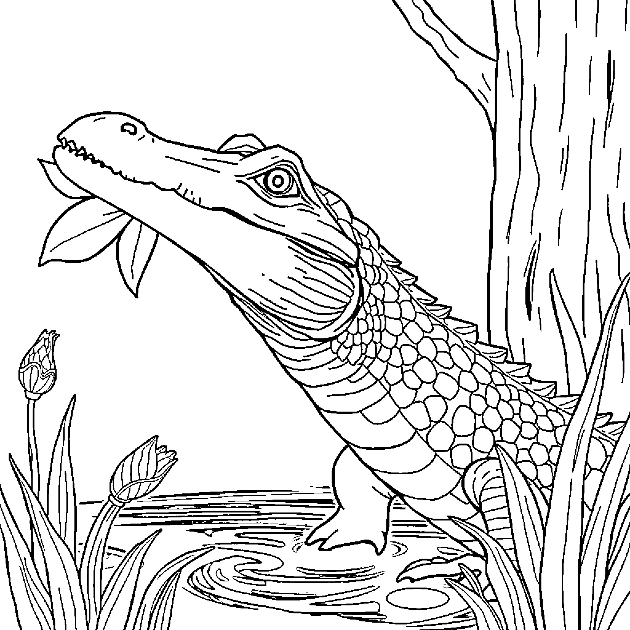 Krokodil resting in the forest pond Coloring Page (free black-and-white line drawing printable PDF for all, from beginners to advanced learners, including children, teens, adults, and seniors)