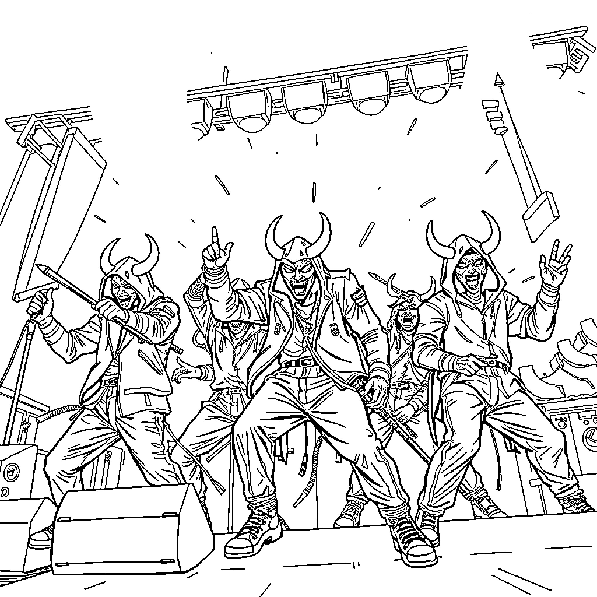 Demon Hunters in action with fierce expressions and unique outfits Coloring Page (free black-and-white line drawing printable PDF for all, from beginners to advanced learners, including children, teens, adults, and seniors)