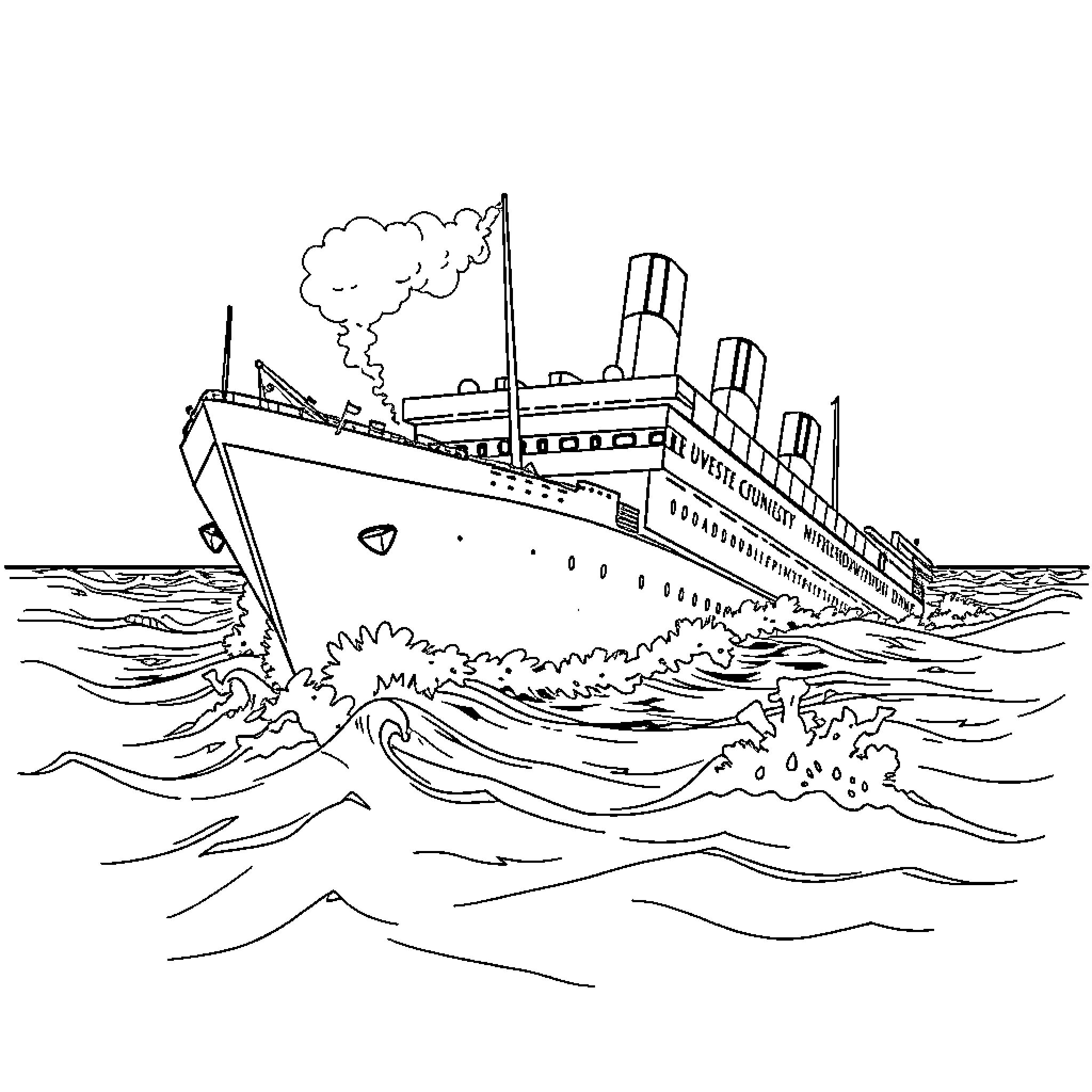 Titanic Sailing on Tumultuous Waves Coloring Page (free black-and-white line drawing printable PDF for all, from beginners to advanced learners, including children, teens, adults, and seniors)