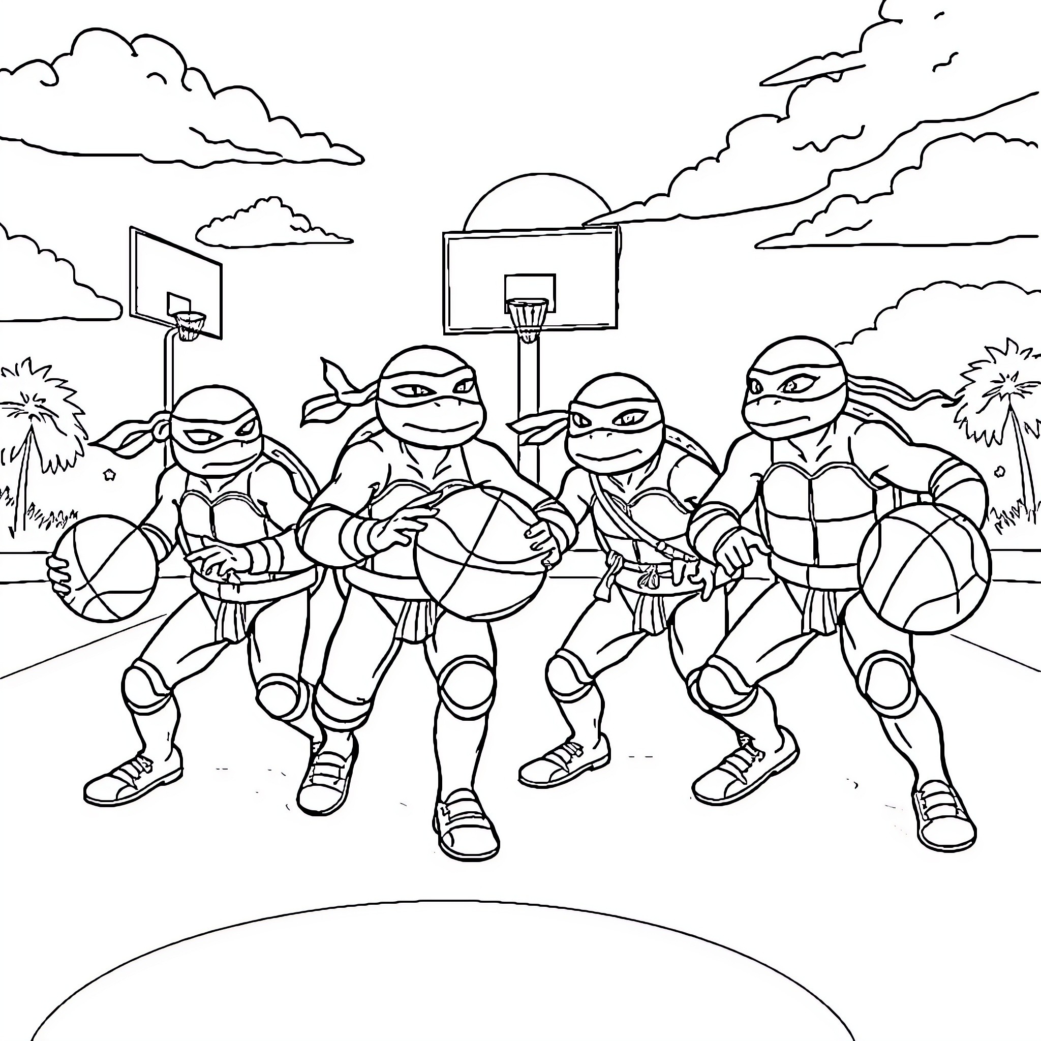 Ninja Turtles playing basketball on the court Coloring Page (free black-and-white line drawing printable PDF for all, from beginners to advanced learners, including children, teens, adults, and seniors)