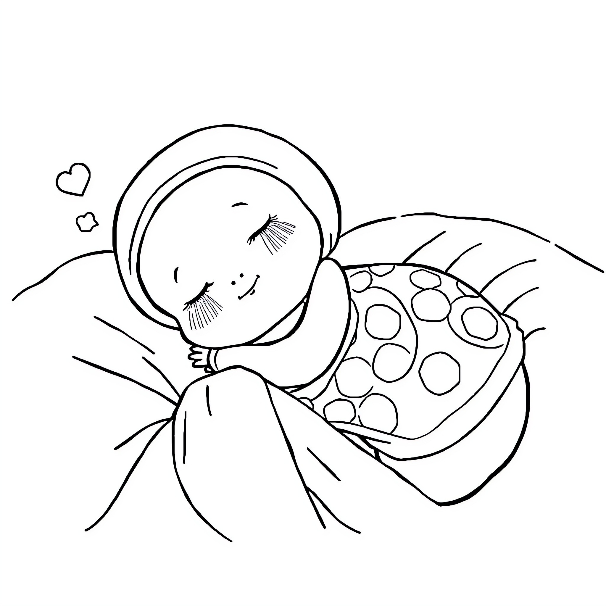 Bean sleeping peacefully in cozy bedding Coloring Page (free black-and-white line drawing printable PDF for all, from beginners to advanced learners, including children, teens, adults, and seniors)
