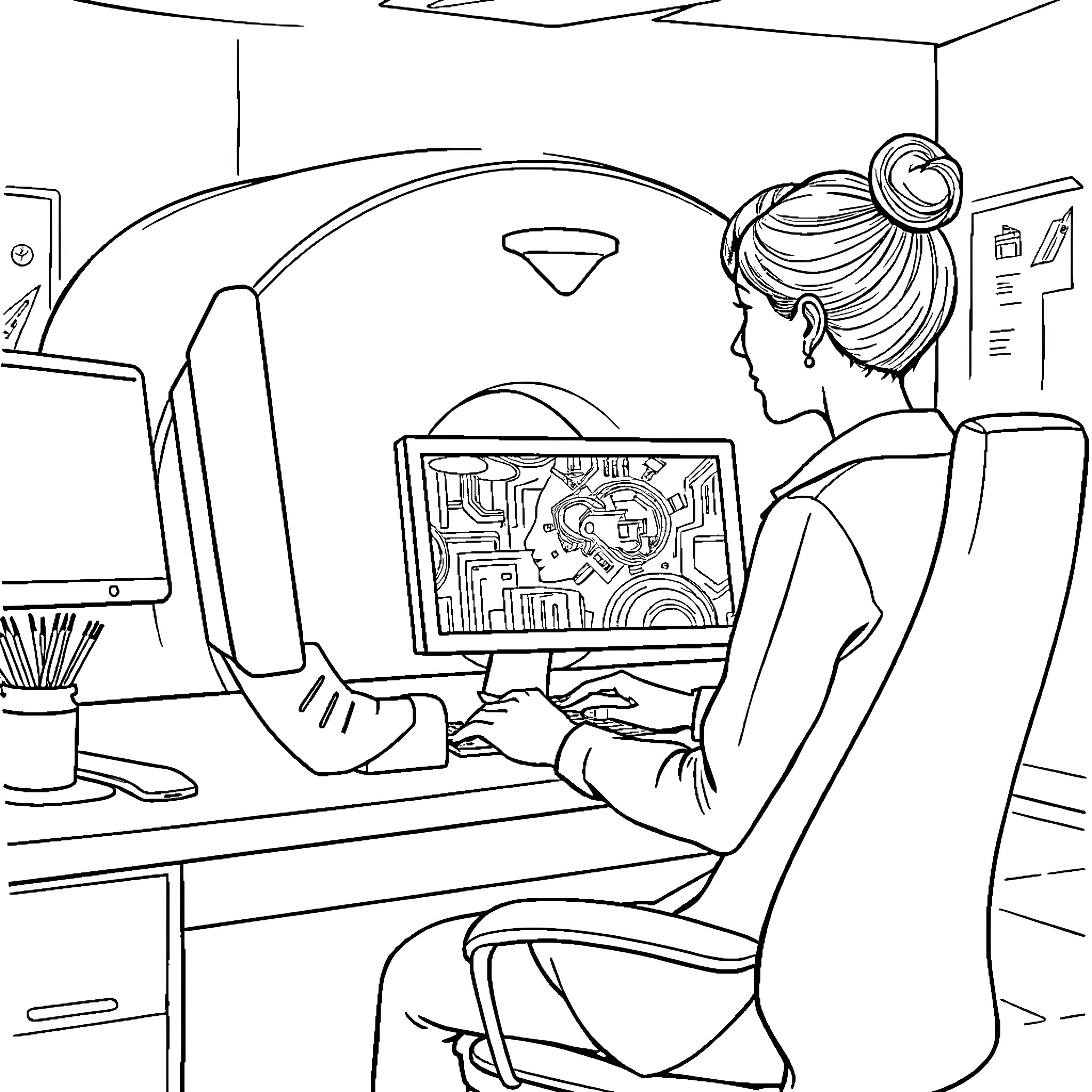 Woman working diligently at computer workstation Coloring Page (free black-and-white line drawing printable PDF for all, from beginners to advanced learners, including children, teens, adults, and seniors)