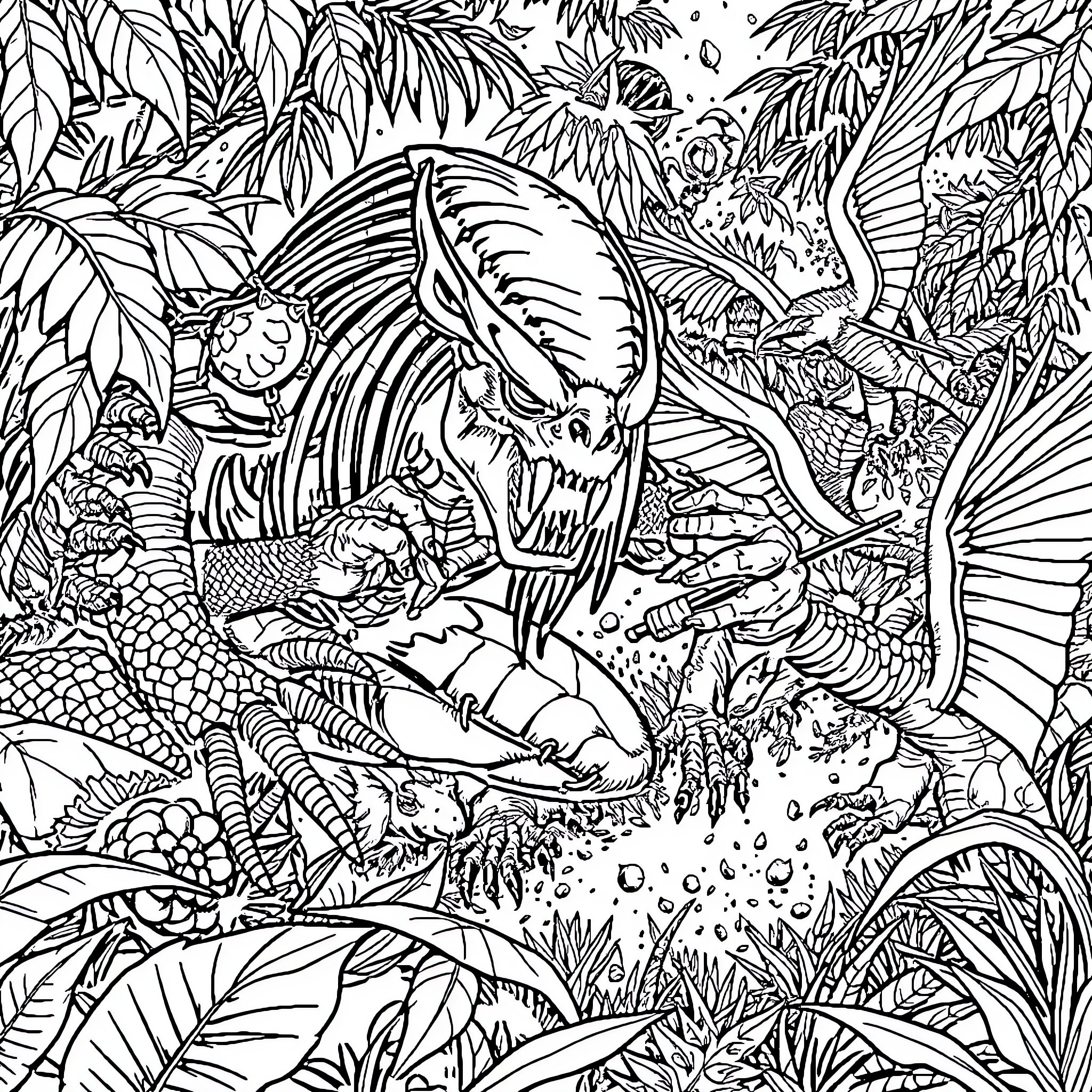 Predator stalking its prey in the dense jungle Coloring Page (free black-and-white line drawing printable PDF for all, from beginners to advanced learners, including children, teens, adults, and seniors)