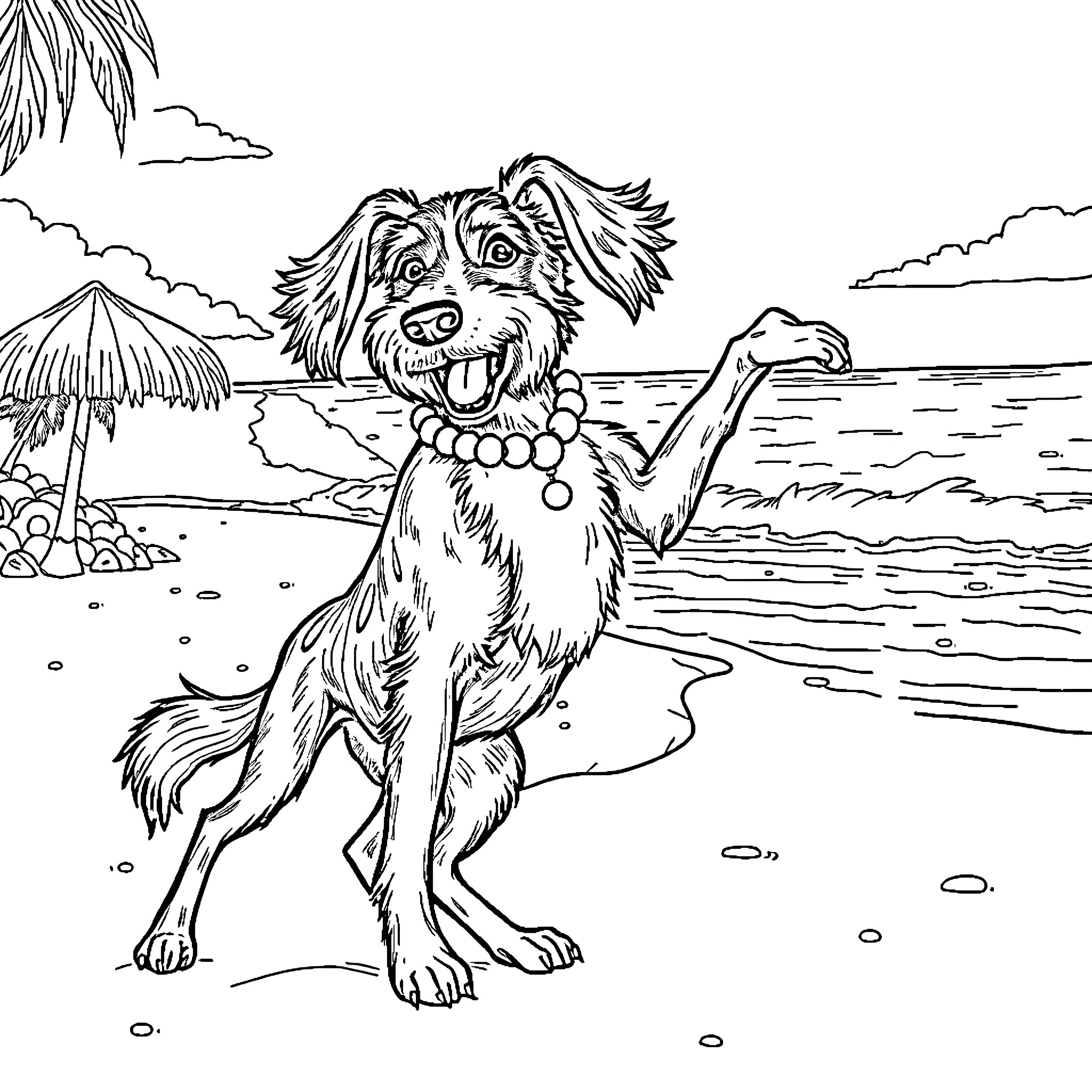 Ibiza Hound Enjoying the Beach Scenery Coloring Page (free black-and-white line drawing printable PDF for all, from beginners to advanced learners, including children, teens, adults, and seniors)