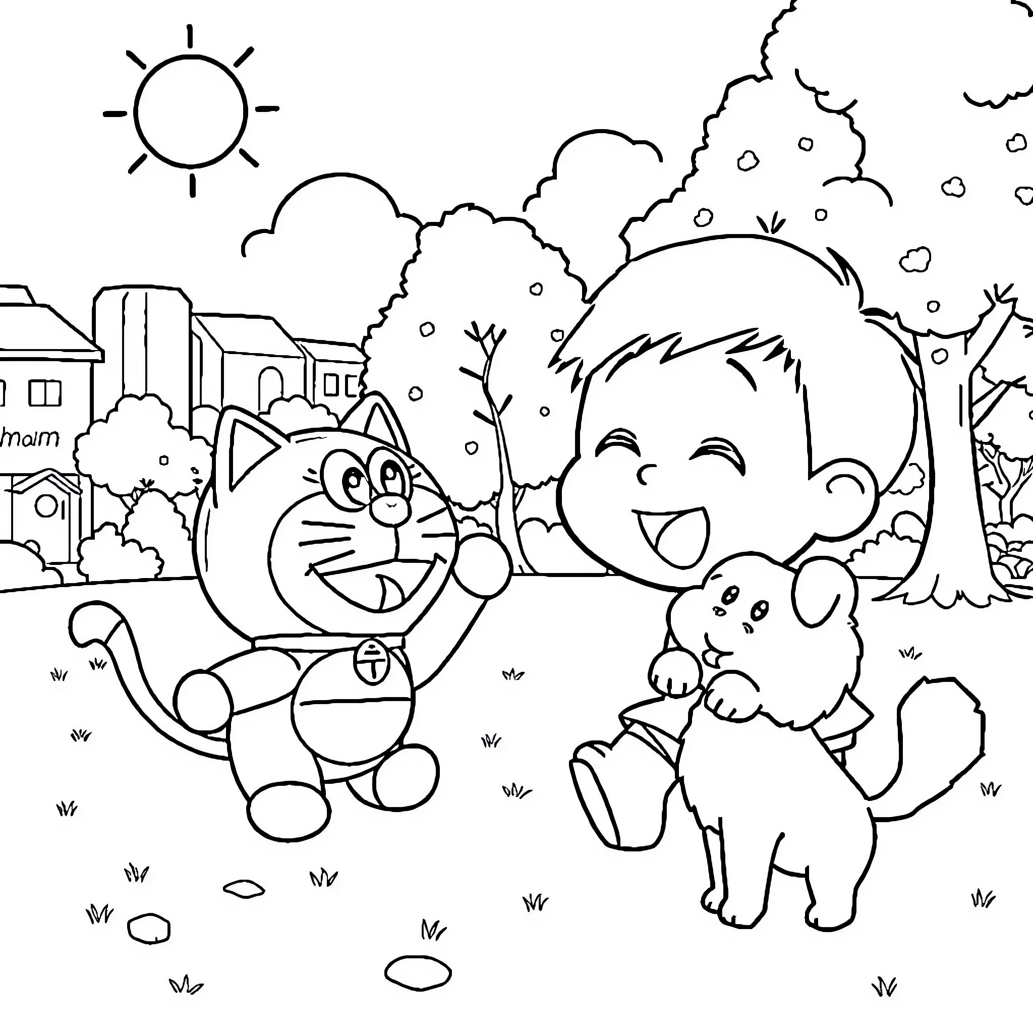 Shinchan and Doraemon enjoying an outdoor adventure Coloring Page (free black-and-white line drawing printable PDF for all, from beginners to advanced learners, including children, teens, adults, and seniors)