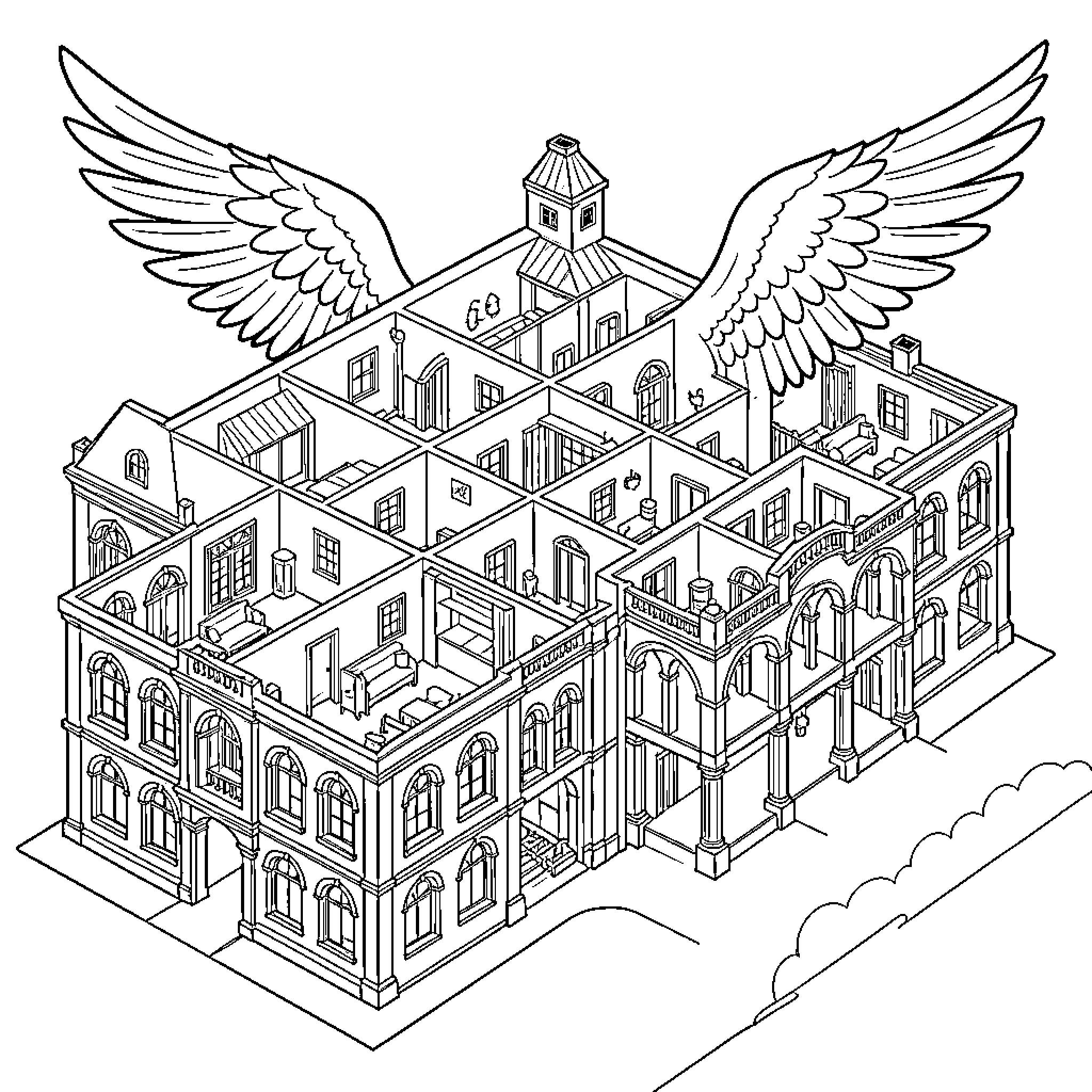 Winged architectural structure with many rooms and windows Coloring Page (free black-and-white line drawing printable PDF for all, from beginners to advanced learners, including children, teens, adults, and seniors)