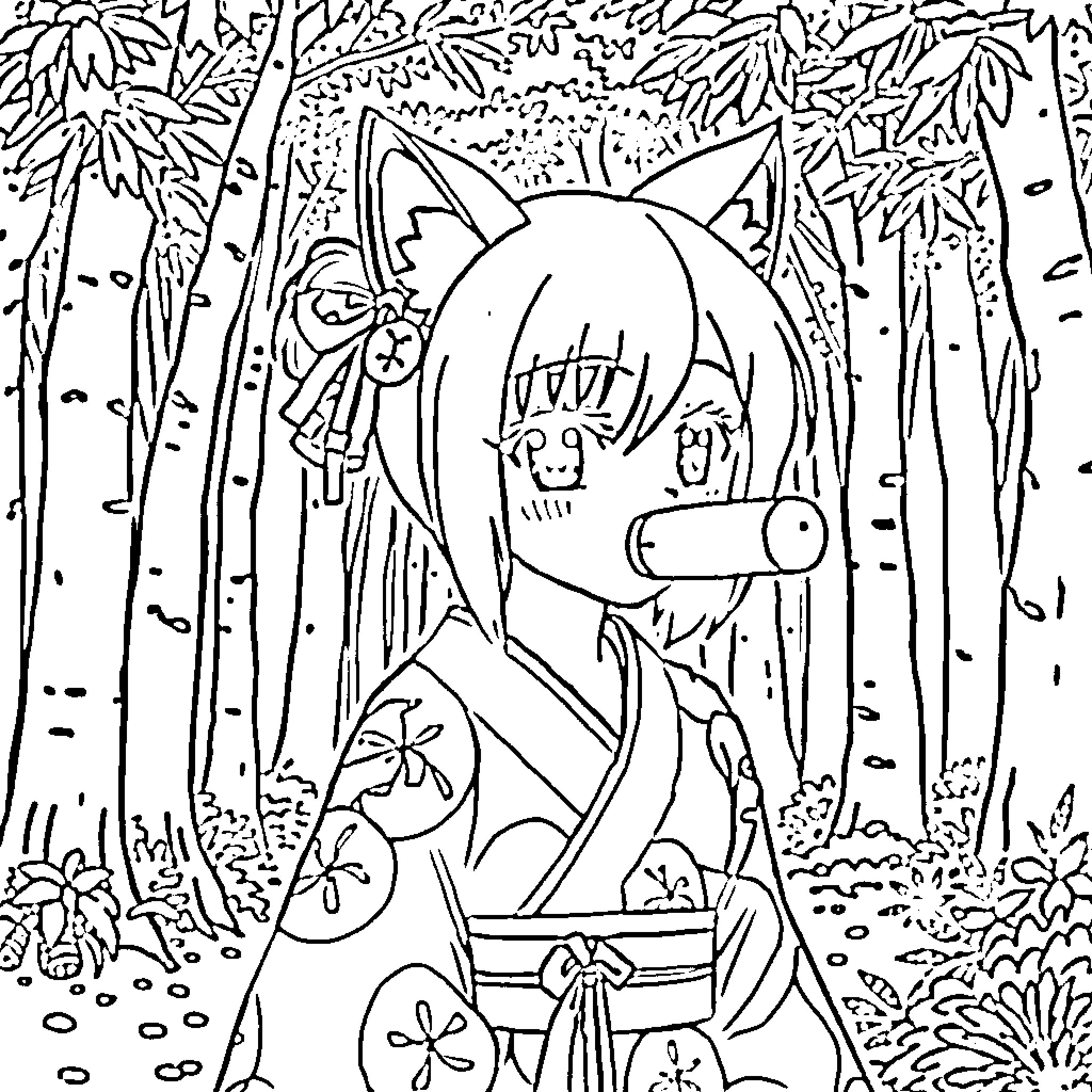 Nezuko in the Enchanted Forest Coloring Page (free black-and-white line drawing printable PDF for all, from beginners to advanced learners, including children, teens, adults, and seniors)