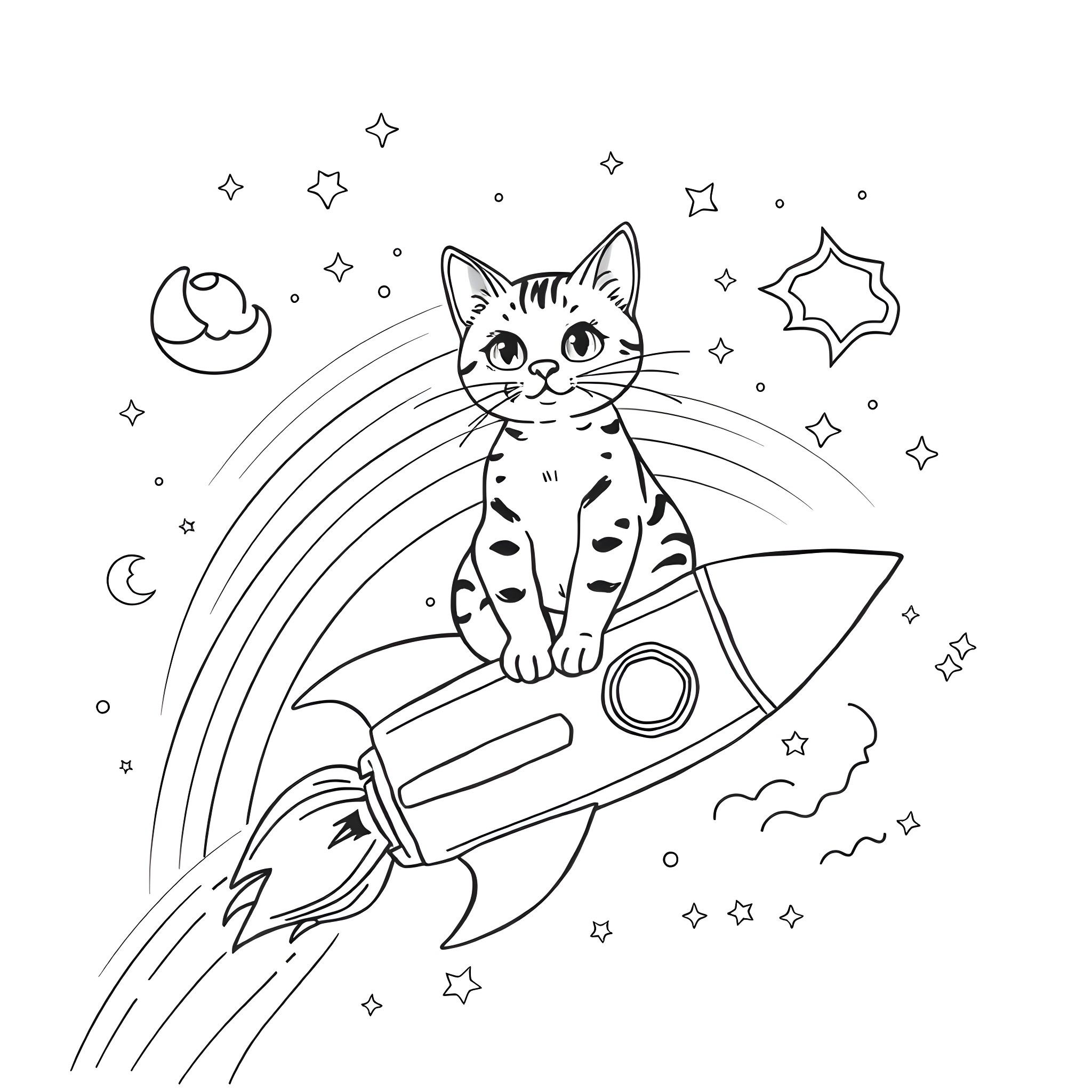 Tabby Cat Riding Rocket Through Starry Sky Coloring Page (free black-and-white line drawing printable PDF for all, from beginners to advanced learners, including children, teens, adults, and seniors)