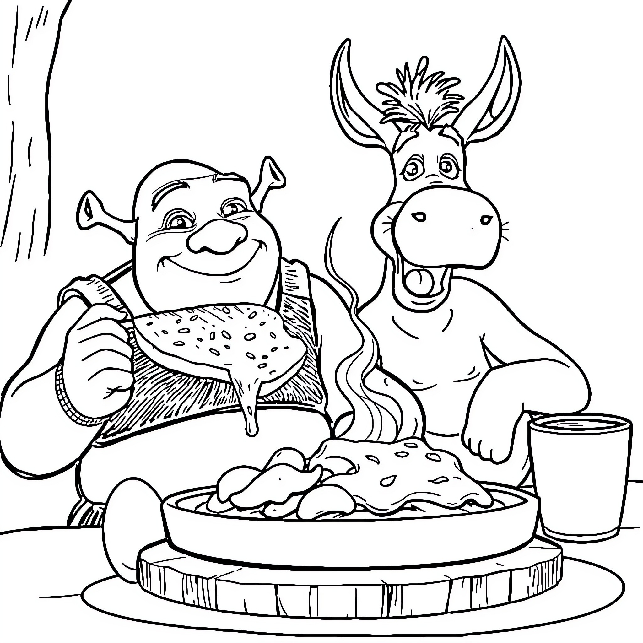 Shrek and Donkey sharing a meal in the forest Coloring Page (free black-and-white line drawing printable PDF for all, from beginners to advanced learners, including children, teens, adults, and seniors)