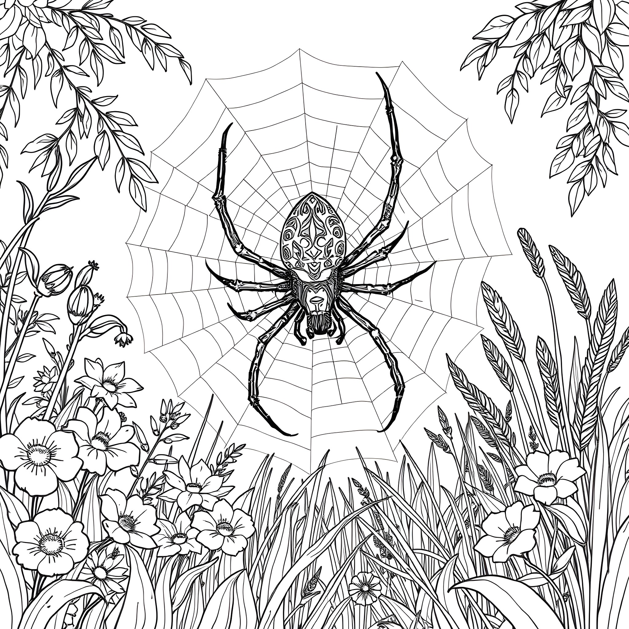 Spider in a floral web Coloring Page (free black-and-white line drawing printable PDF for all, from beginners to advanced learners, including children, teens, adults, and seniors)
