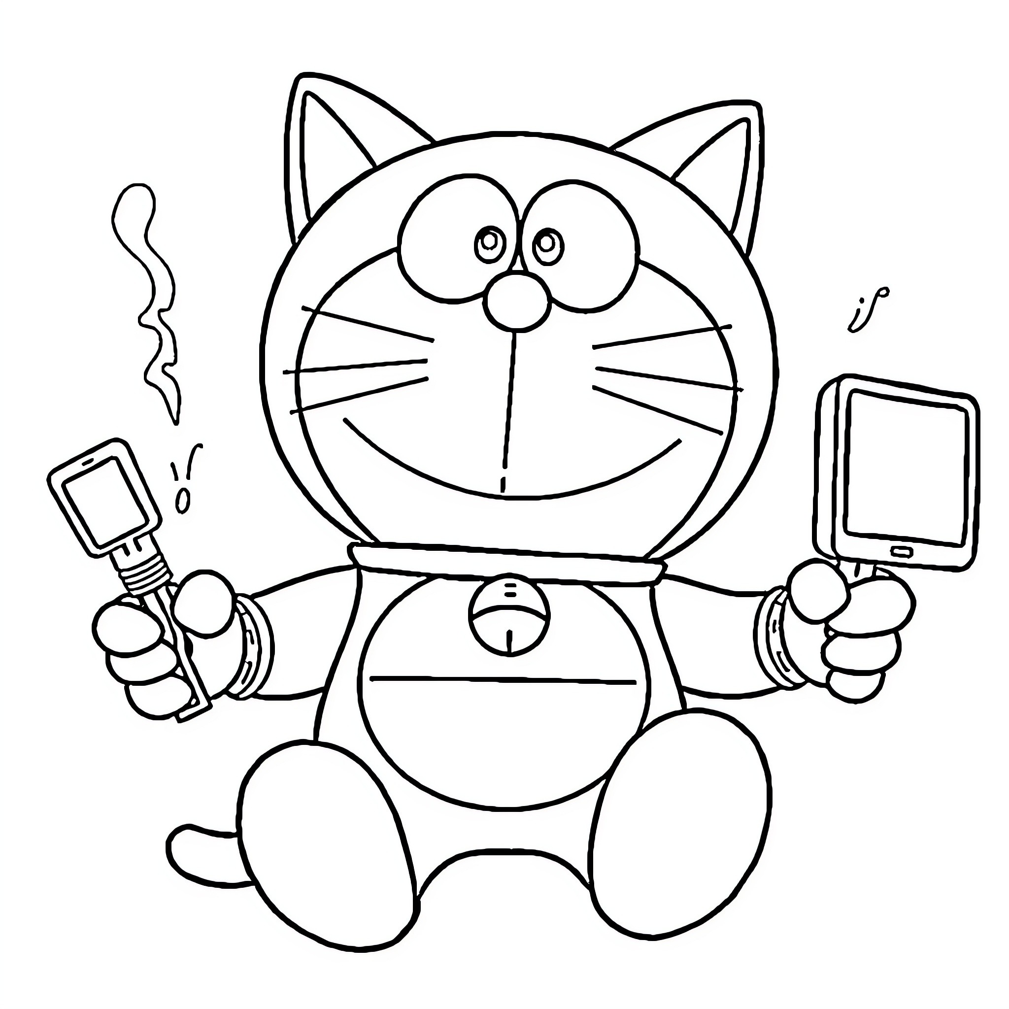 Doraemon playing with futuristic gadgets Coloring Page (free black-and-white line drawing printable PDF for all, from beginners to advanced learners, including children, teens, adults, and seniors)