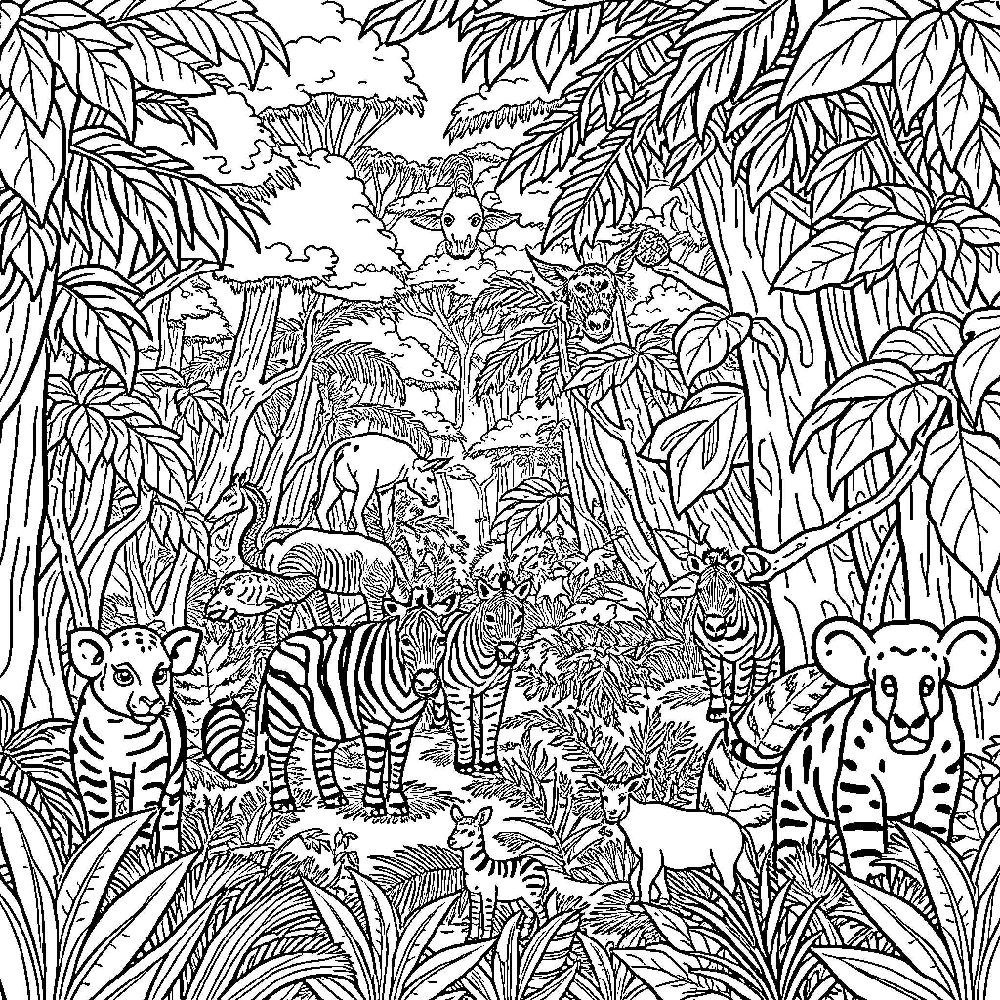 Jungle Animal Adventure with Diverse Wildlife Coloring Page (free black-and-white line drawing printable PDF for all, from beginners to advanced learners, including children, teens, adults, and seniors)