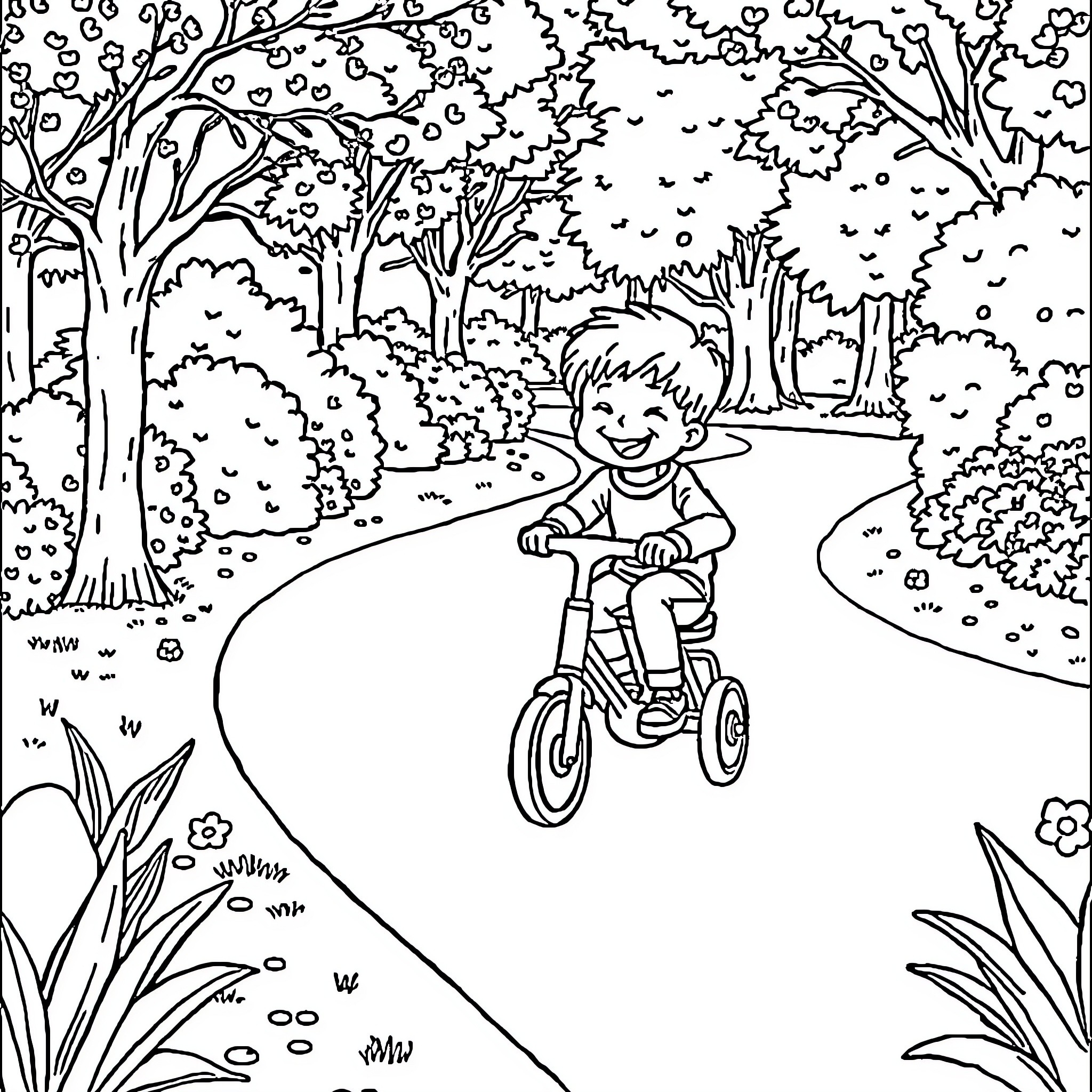 Child riding a tricycle in a whimsical forest Coloring Page (free black-and-white line drawing printable PDF for all, from beginners to advanced learners, including children, teens, adults, and seniors)