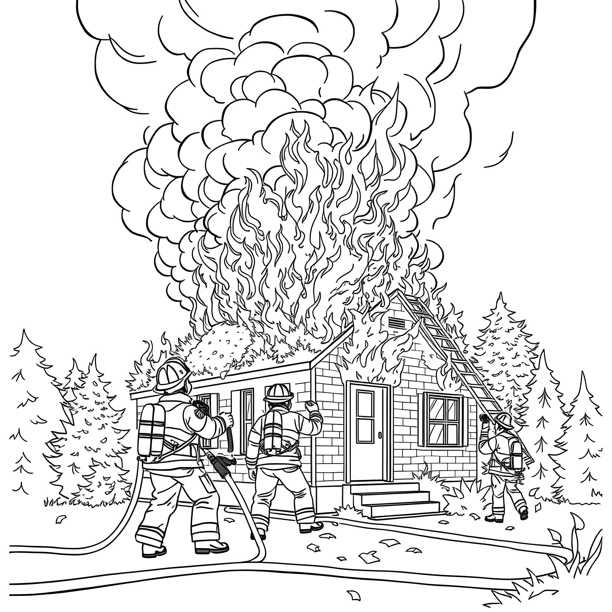 Firefighters battling a raging blaze at a rural cabin Coloring Page (free black-and-white line drawing printable PDF for all, from beginners to advanced learners, including children, teens, adults, and seniors)