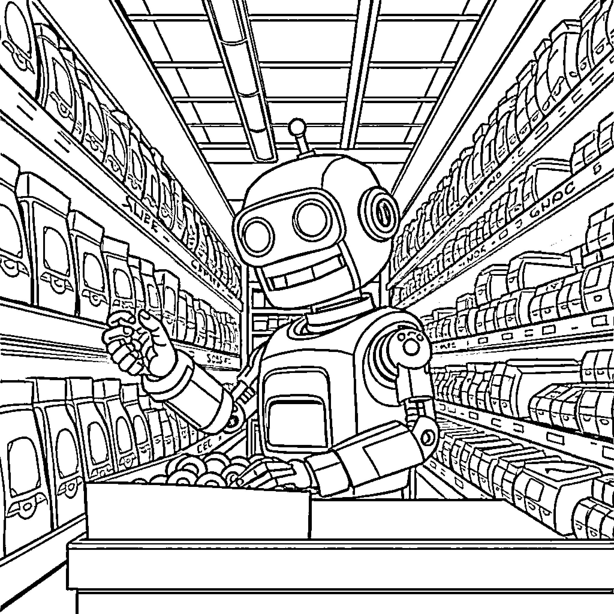 Robot exploring a busy supermarket aisle Coloring Page (free black-and-white line drawing printable PDF for all, from beginners to advanced learners, including children, teens, adults, and seniors)